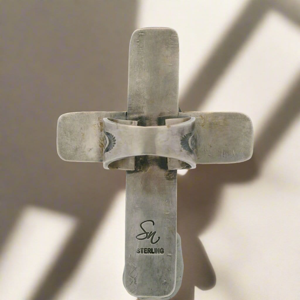 Kalifano Native American Jewelry 10 Sandra Nez Kingman Turquoise Cross Navajo USA Native American Made 925 Sterling Silver Ring NAR1800.018.10