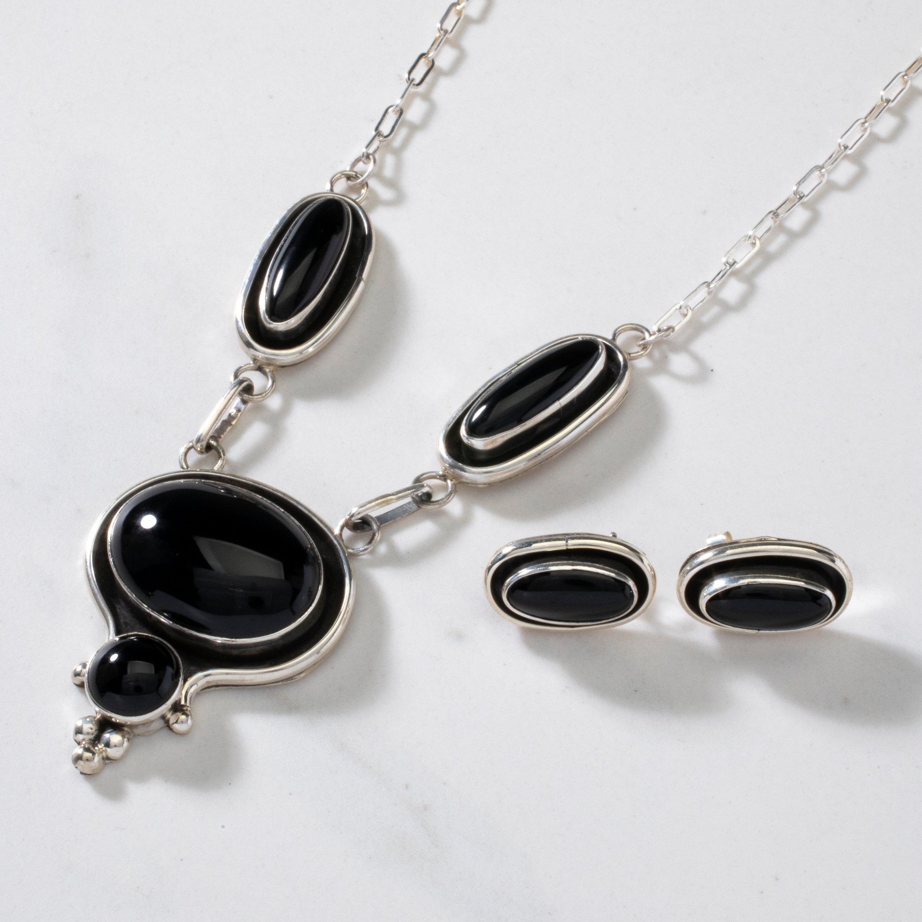 Kalifano Native American Jewelry 16" Paul Livingston Black Onyx Navajo USA Native American Made 925 Sterling Silver Choker Necklace & Earring Set NAN900.018