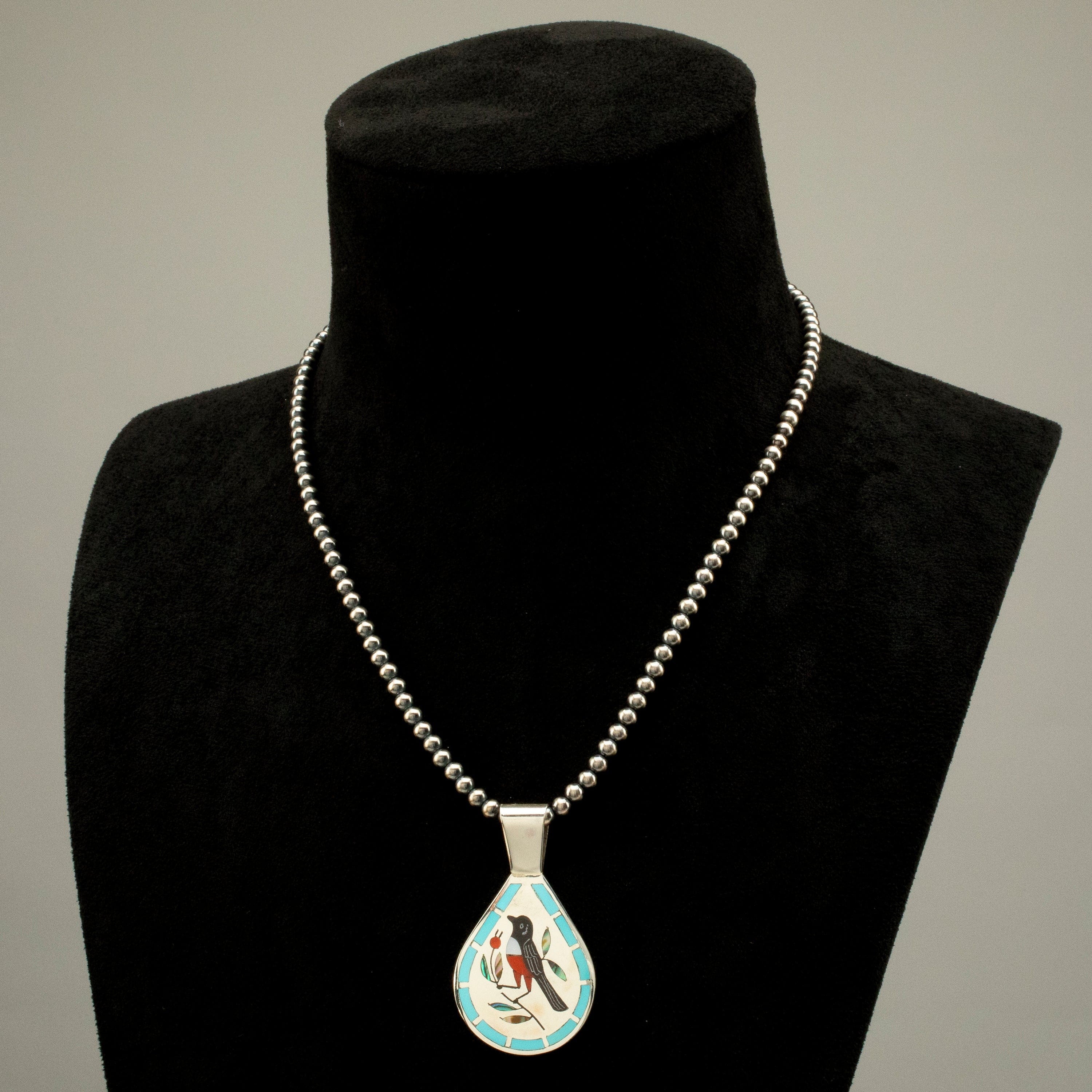 Kalifano Native American Jewelry 18" Dennis & Nancy Edaakie Mutli Gem Bird Zuni Inlay Pendant with 4mm Navajo Pearl Necklace USA Native American Made 925 Sterling Silver NAN1500.008