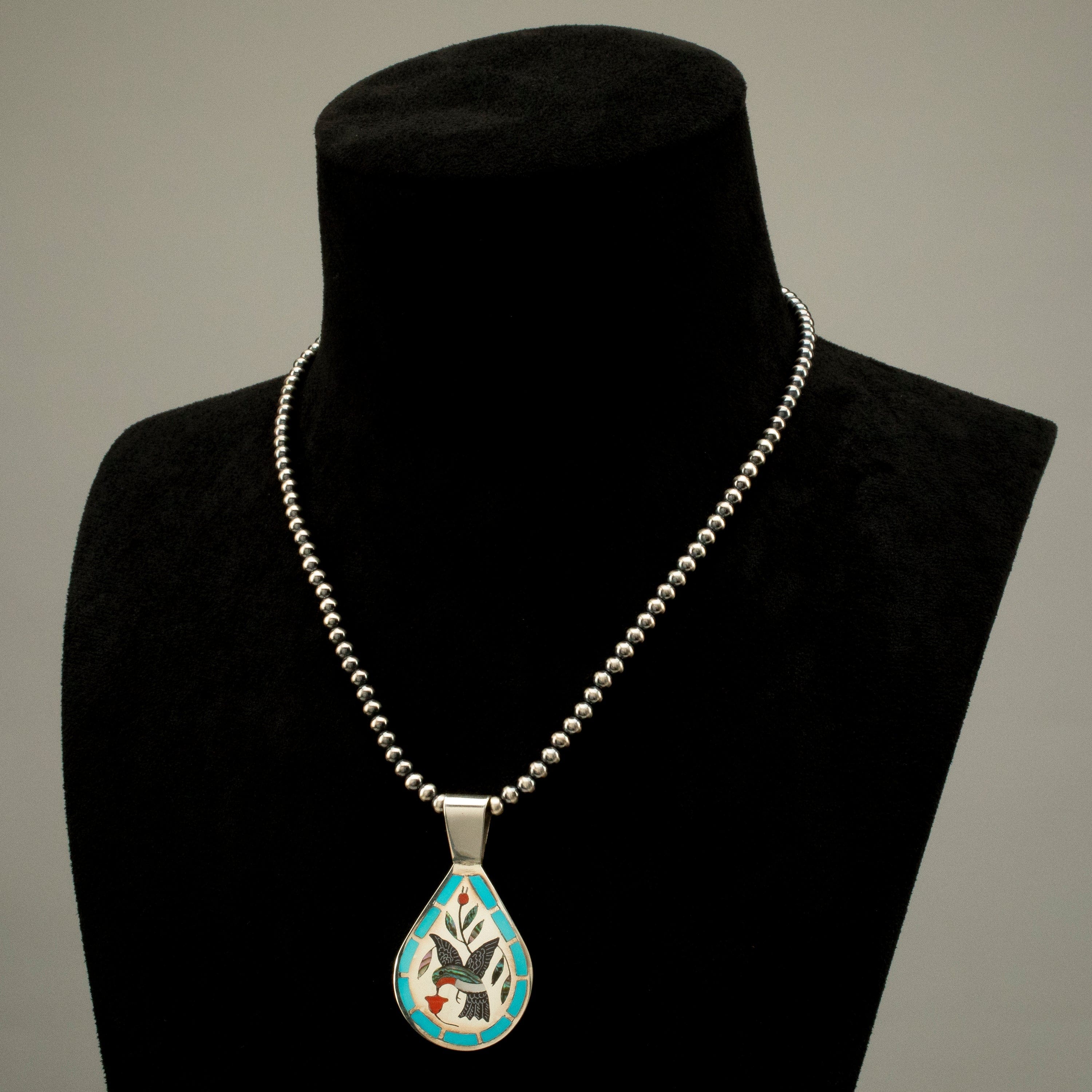 Kalifano Native American Jewelry 18" Dennis & Nancy Edaakie Mutli Gem Hummingbird Zuni Inlay Pendant with 4mm Navajo Pearl Necklace USA Native American Made 925 Sterling Silver NAN1500.007