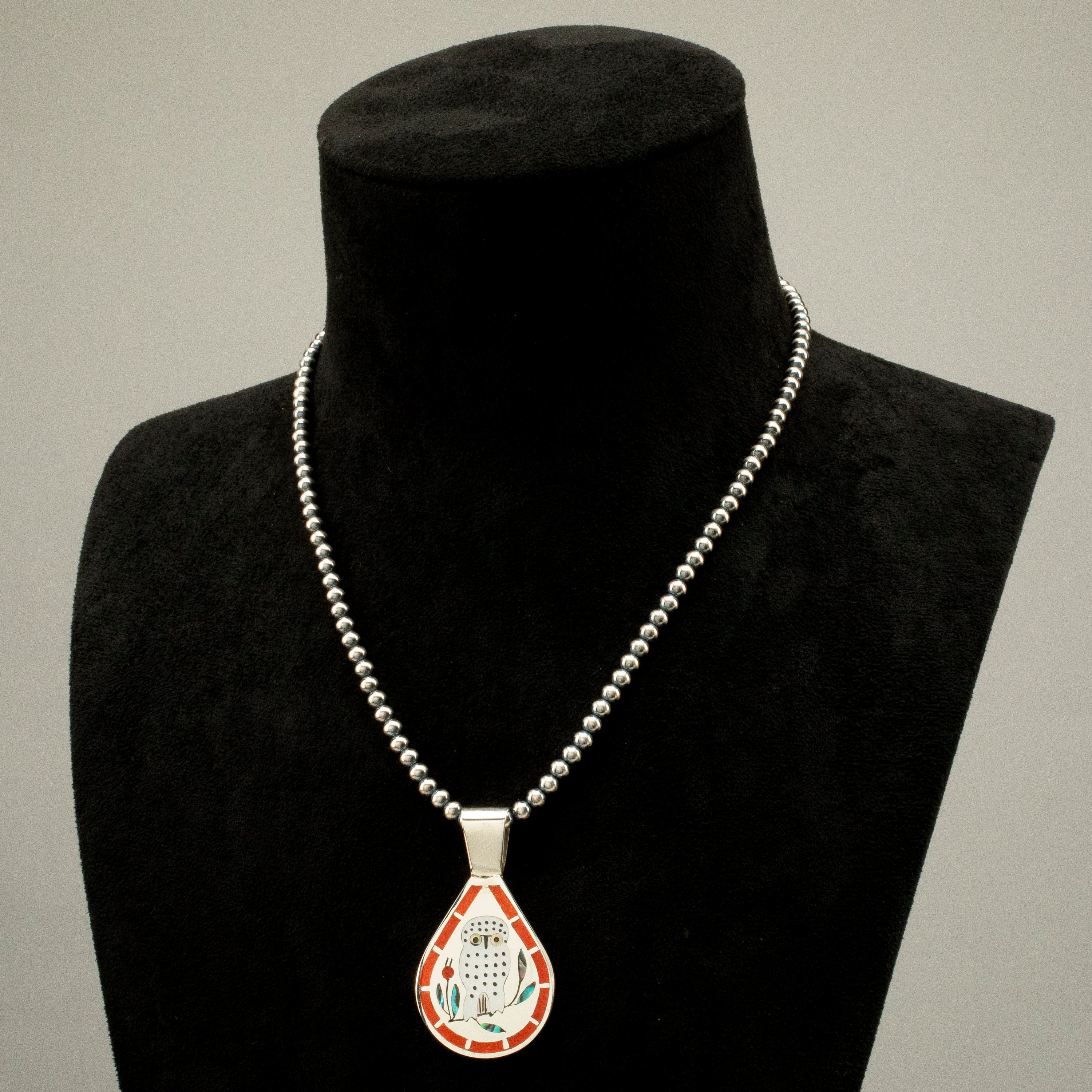 Kalifano Native American Jewelry 18" Dennis & Nancy Edaakie Mutli Gem Owl Zuni Inlay Pendant with 4mm Navajo Pearl Necklace USA Native American Made 925 Sterling Silver NAN1500.016