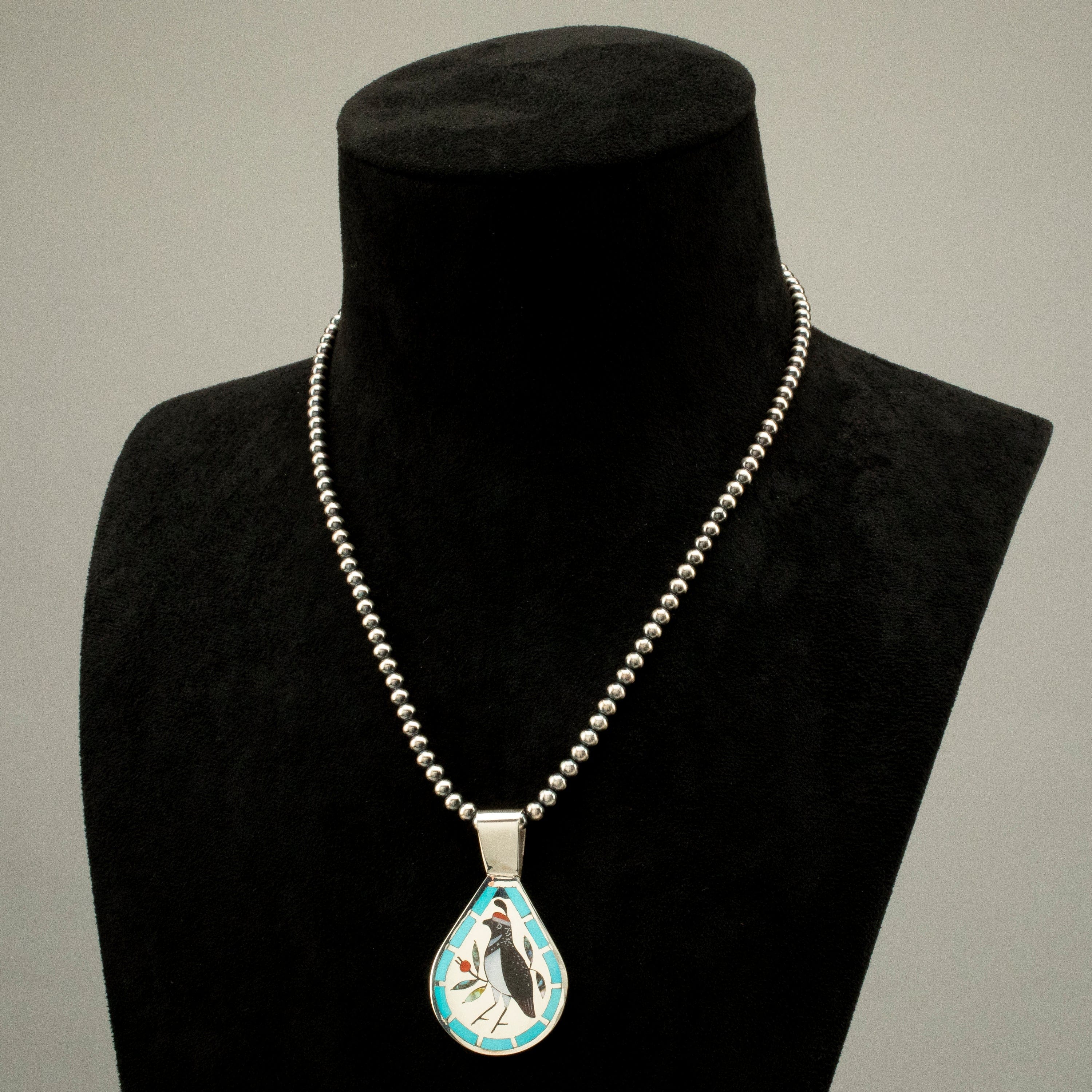 Kalifano Native American Jewelry 18" Dennis & Nancy Edaakie Mutli Gem Quail Zuni Inlay Pendant with 4mm Navajo Pearl Necklace USA Native American Made 925 Sterling Silver NAN1500.013