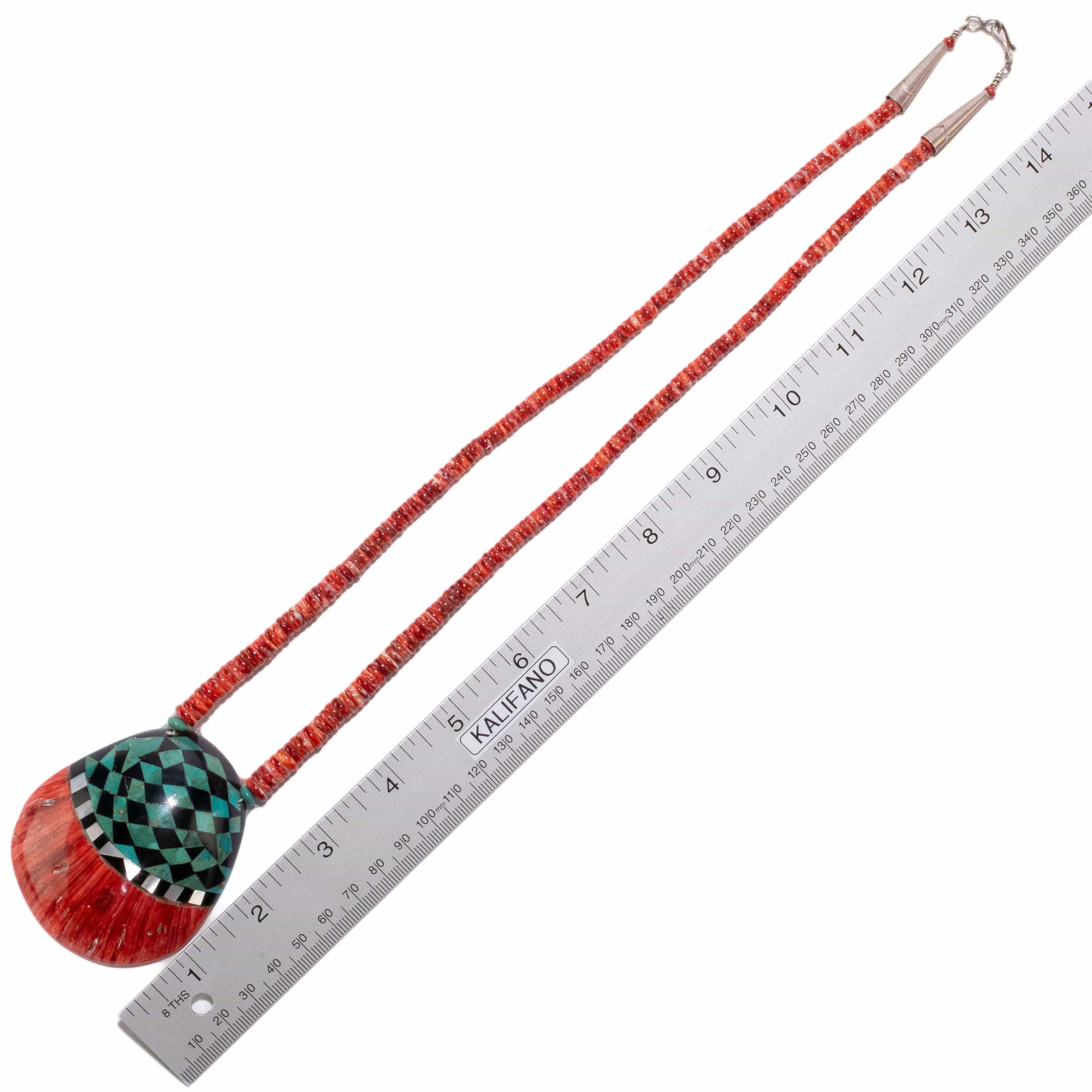 Kalifano Native American Jewelry 26" Red Spiny Oyster Shell with Turquoise, Mother of Pearl, and Black Onyx USA Native American Made 925 Sterling Silver Heishi Bead Necklace NAN1200.021