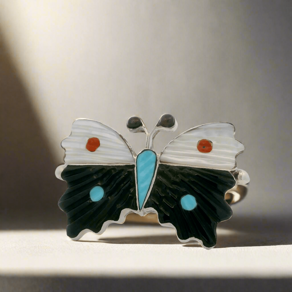 Kalifano Native American Jewelry 7 Tamara Pinto Multi Gem Butterfly Zuni USA Native American Made 925 Sterling Silver Ring NAR600.094.7