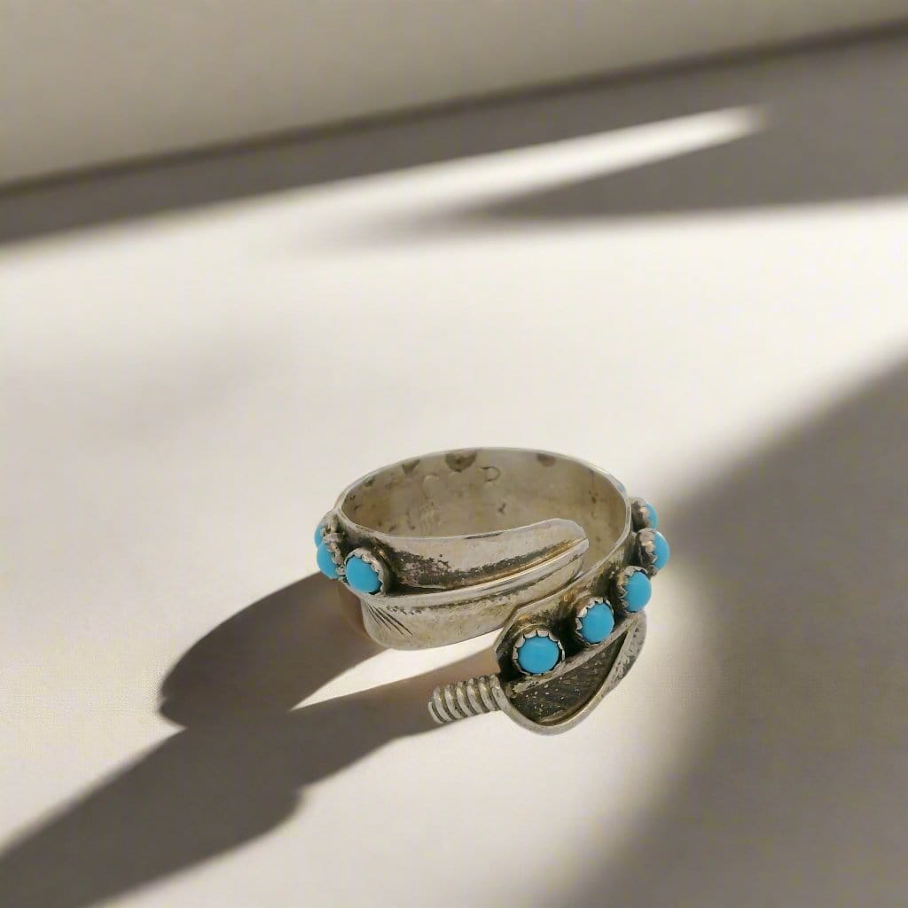 Kalifano Native American Jewelry ADJ Byron Begay Sleeping Beauty Turquoise Feather Navajo USA Native American Made 925 Sterling Silver Adjustable Ring NAR300.101.ADJ