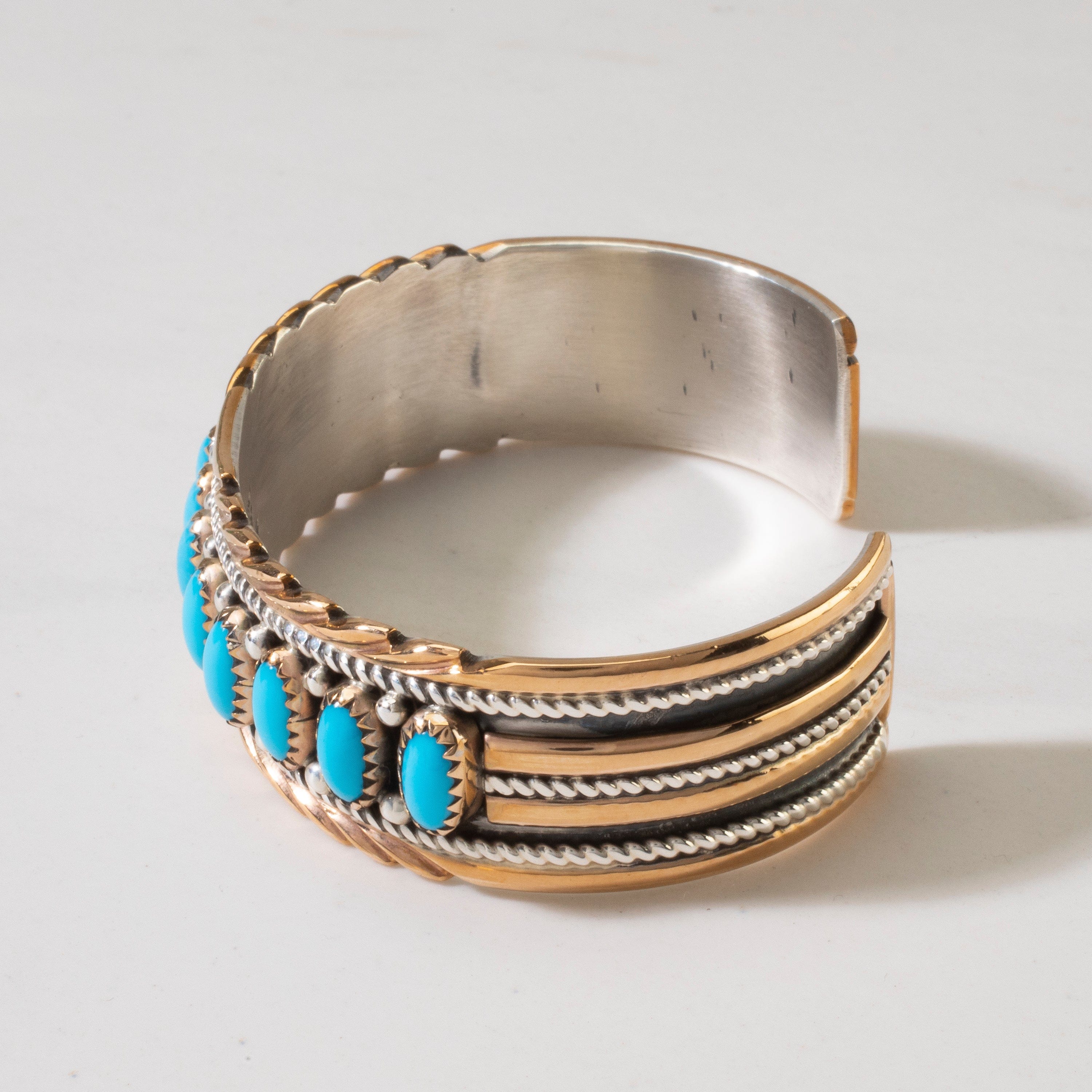 Kalifano Native American Jewelry Bobby Johnson Navajo Sleeping Beauty Turquoise USA Native American Made 925 Sterling Silver & Gold Filled Cuff NAB2400.015