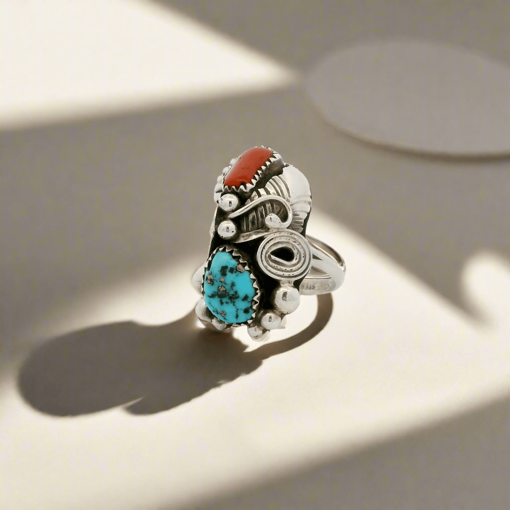 Kalifano Native American Jewelry Caroline Nez Coral & Turquoise Navajo USA Native American Made 925 Sterling Silver Ring
