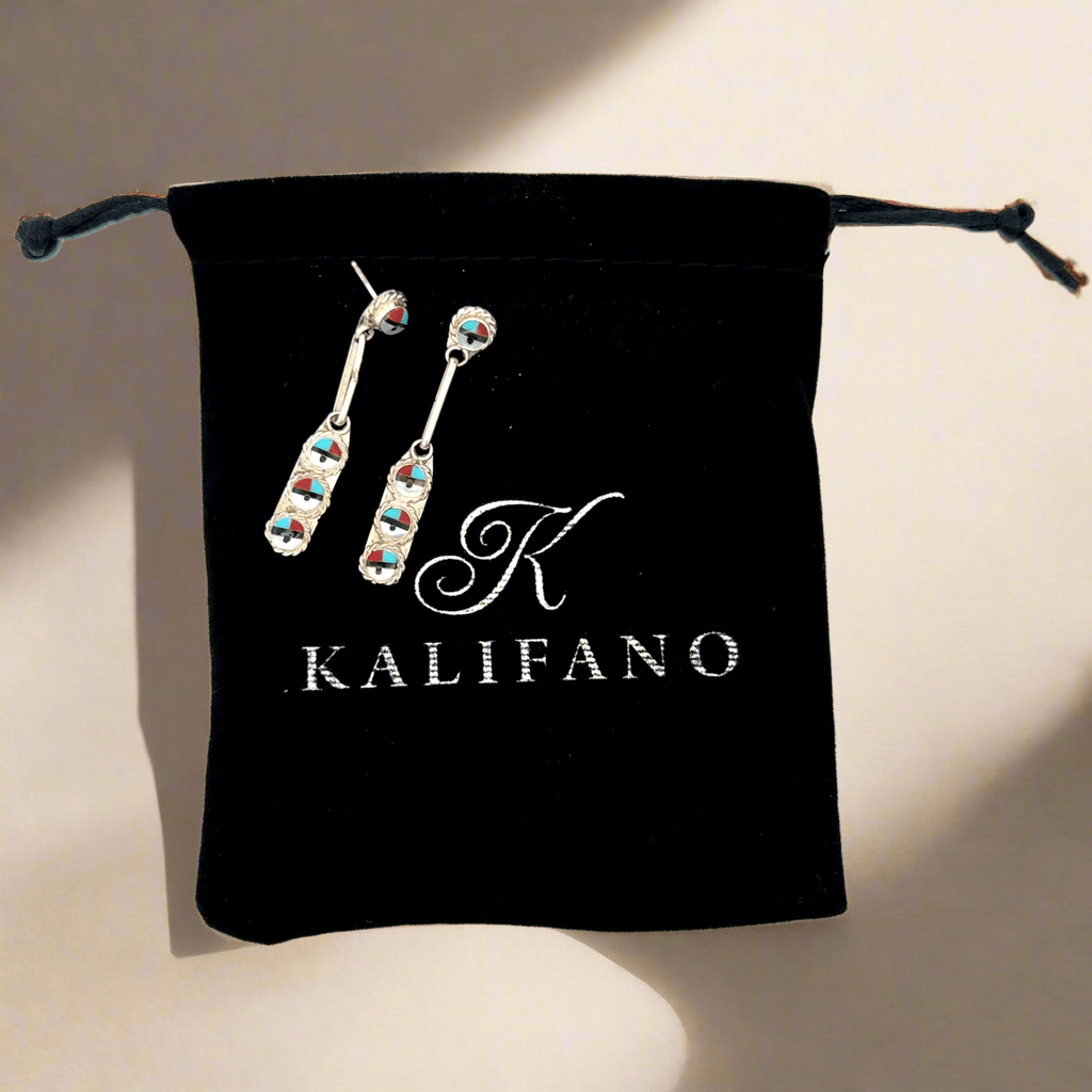 Kalifano Native American Jewelry Emerson Vallo Sunface Dangly Multi Gem Zuni USA Native American Made 925 Sterling Silver Earrings with Stud Backing NAE400.053