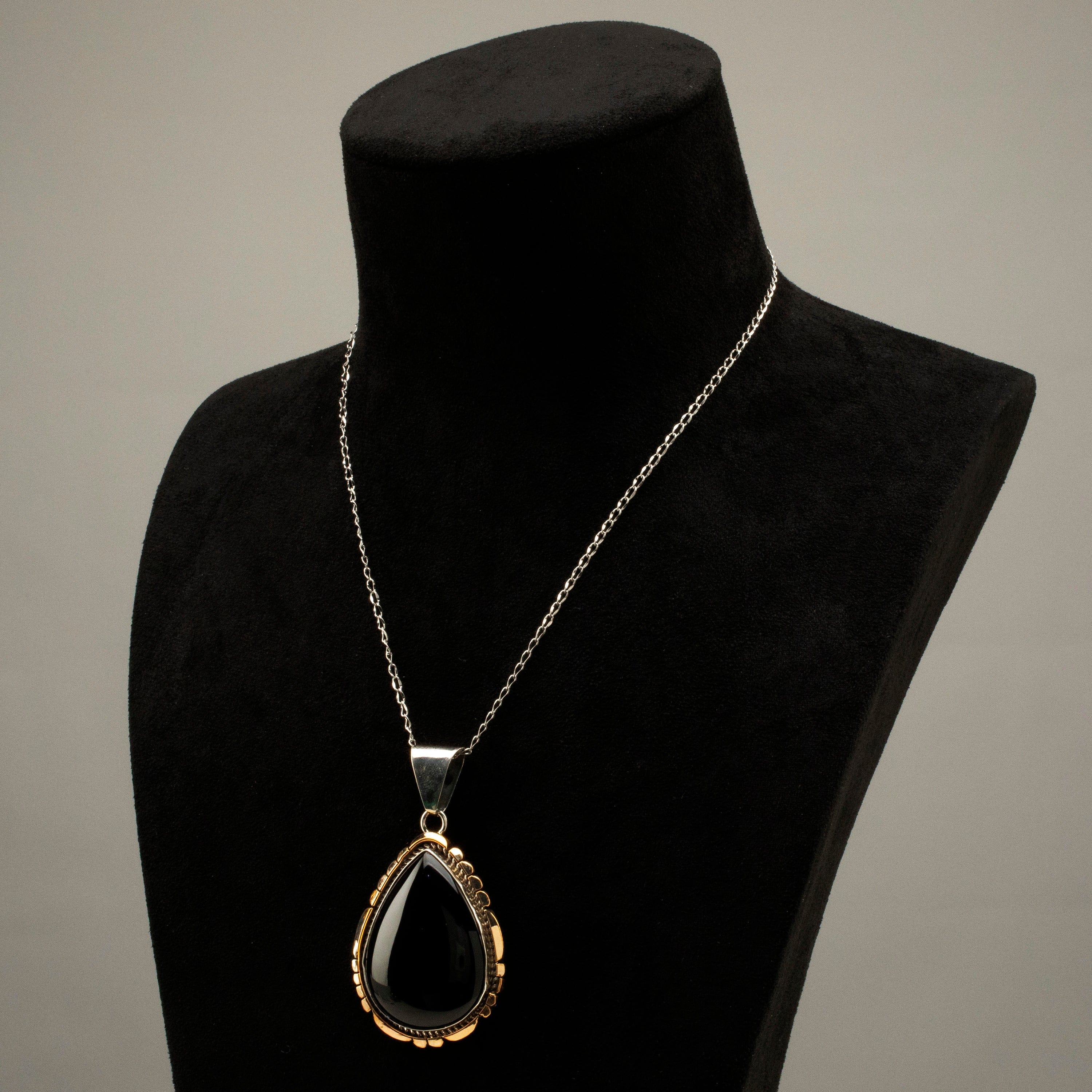 Kalifano Native American Jewelry G. Long Navajo Black Onyx Teardrop Navajo USA Native American Made 925 Sterling Silver & 12K Gold Filled Pendant NAN1100.003