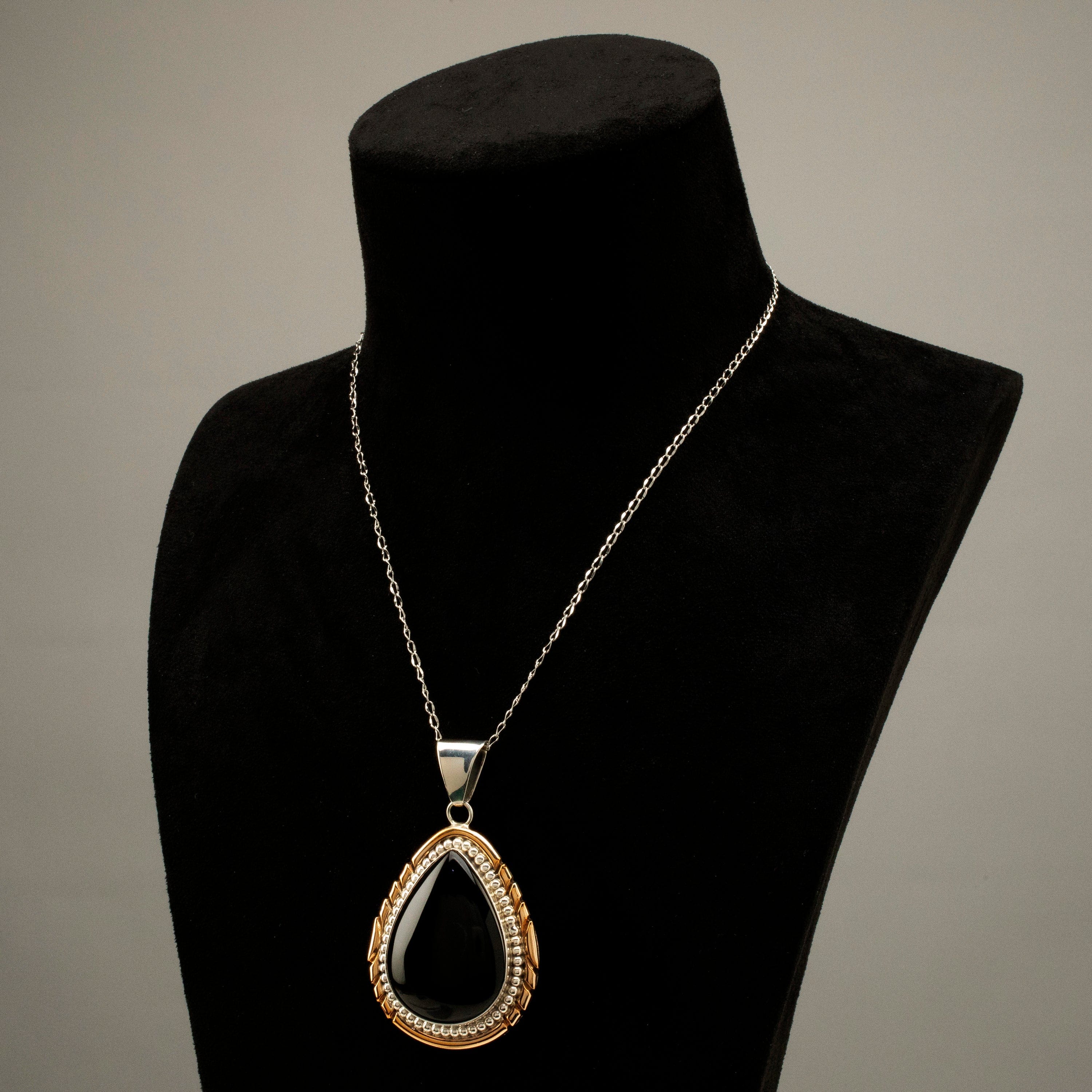 Kalifano Native American Jewelry G. Long Navajo Black Onyx Teardrop Navajo USA Native American Made 925 Sterling Silver & 12K Gold Filled Pendant NAN1200.031