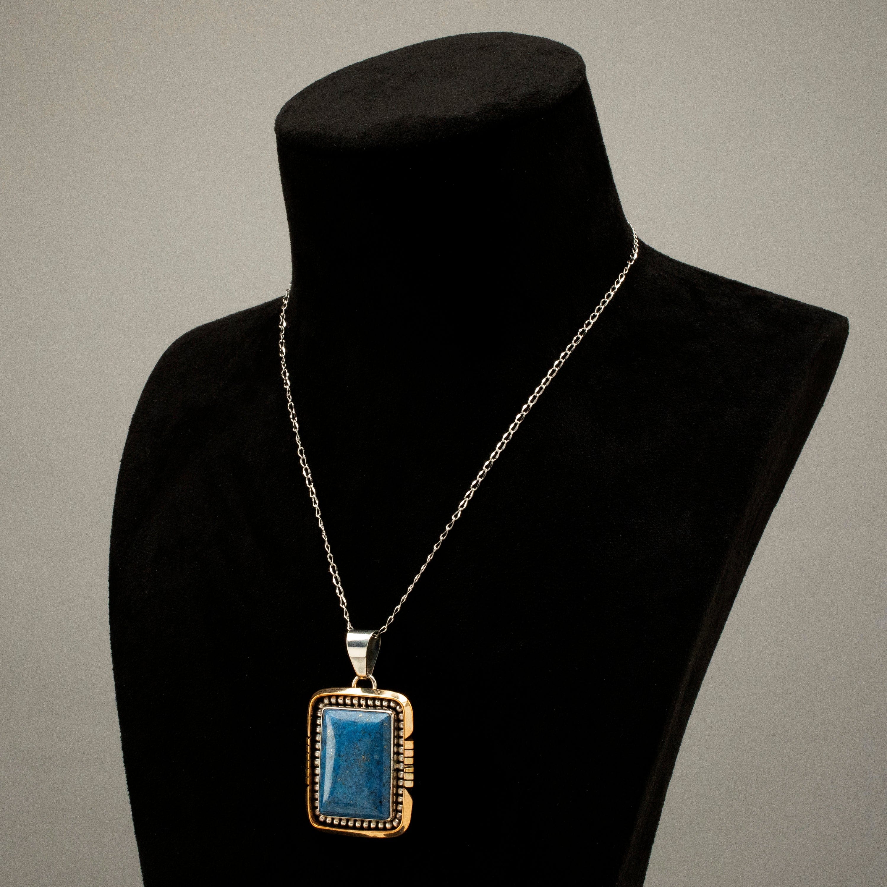 Kalifano Native American Jewelry Gary Spencer Lapis Rectangular Navajo USA Native American Made 925 Sterling Silver & 12K Gold Filled Pendant NAN1200.028