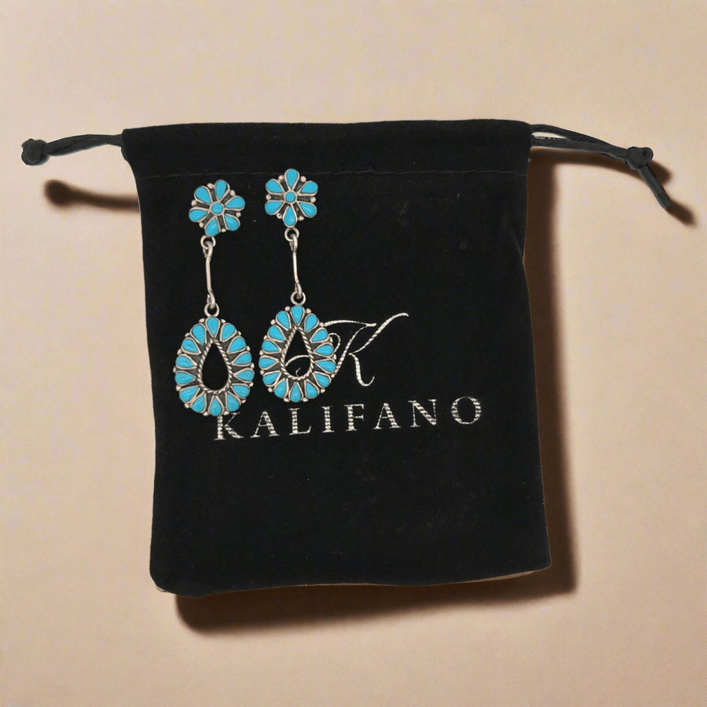 Kalifano Native American Jewelry Kingman Turquoise Flower Zuni USA Native American Made 925 Sterling Silver Dangle Earrings with Stud Backing NAE1400.002