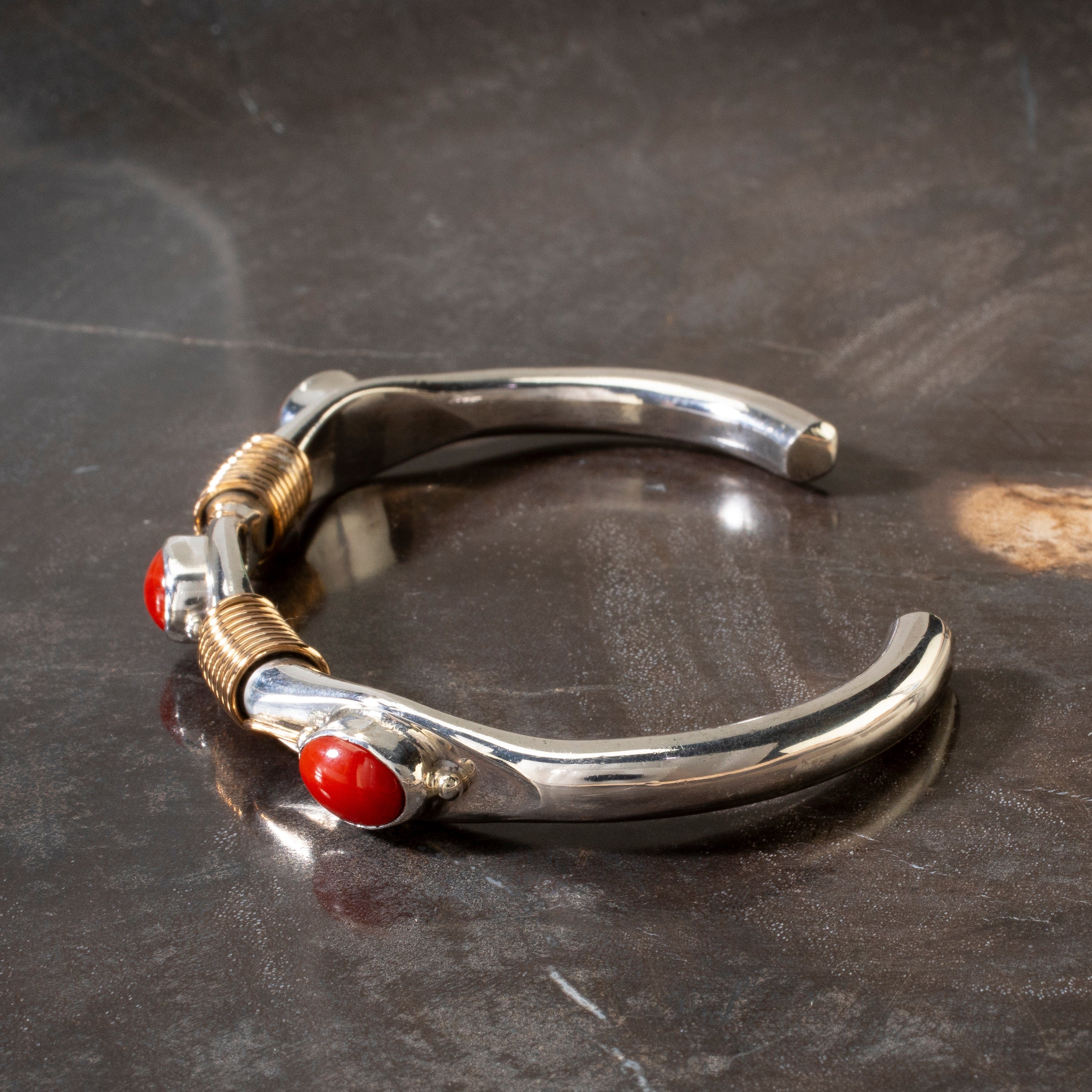 Kalifano Native American Jewelry Russell Sam Navajo Sleeping Beauty Turquoise, Lapis, & Red Coral USA Native American Made 925 Sterling Silver & 12K Gold Filled Cuff NAB1400.009
