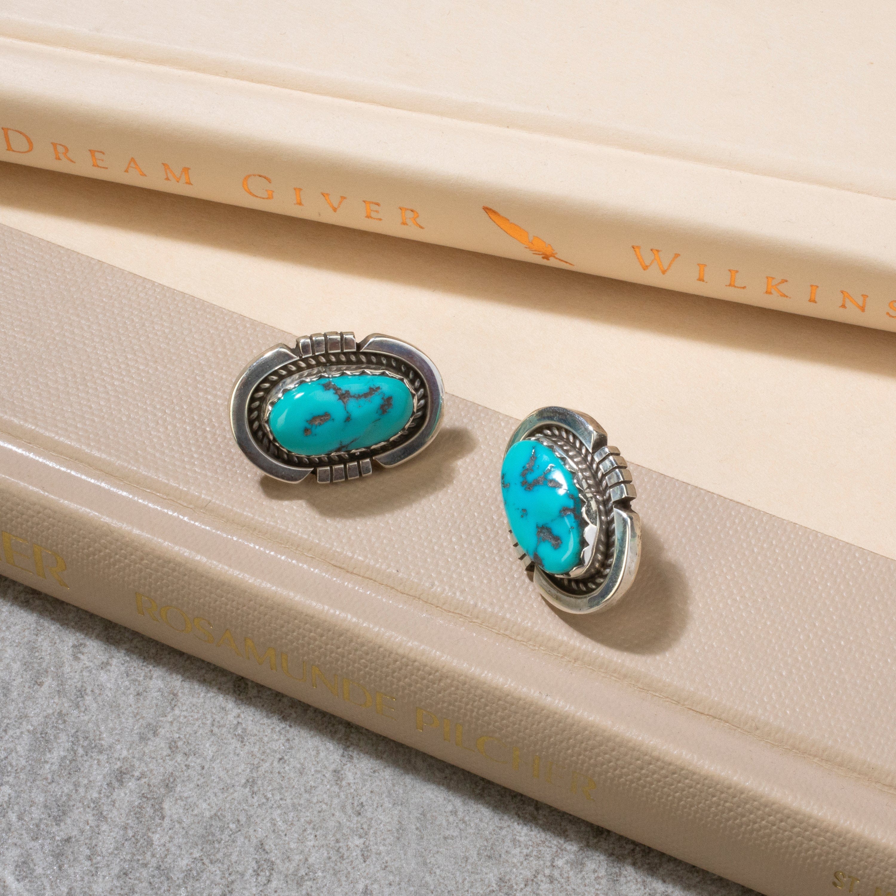 Kalifano Native American Jewelry Sleeping Beauty Oval Navajo USA Native American Made 925 Sterling Silver Earrings with Stud Backing NAE800.008