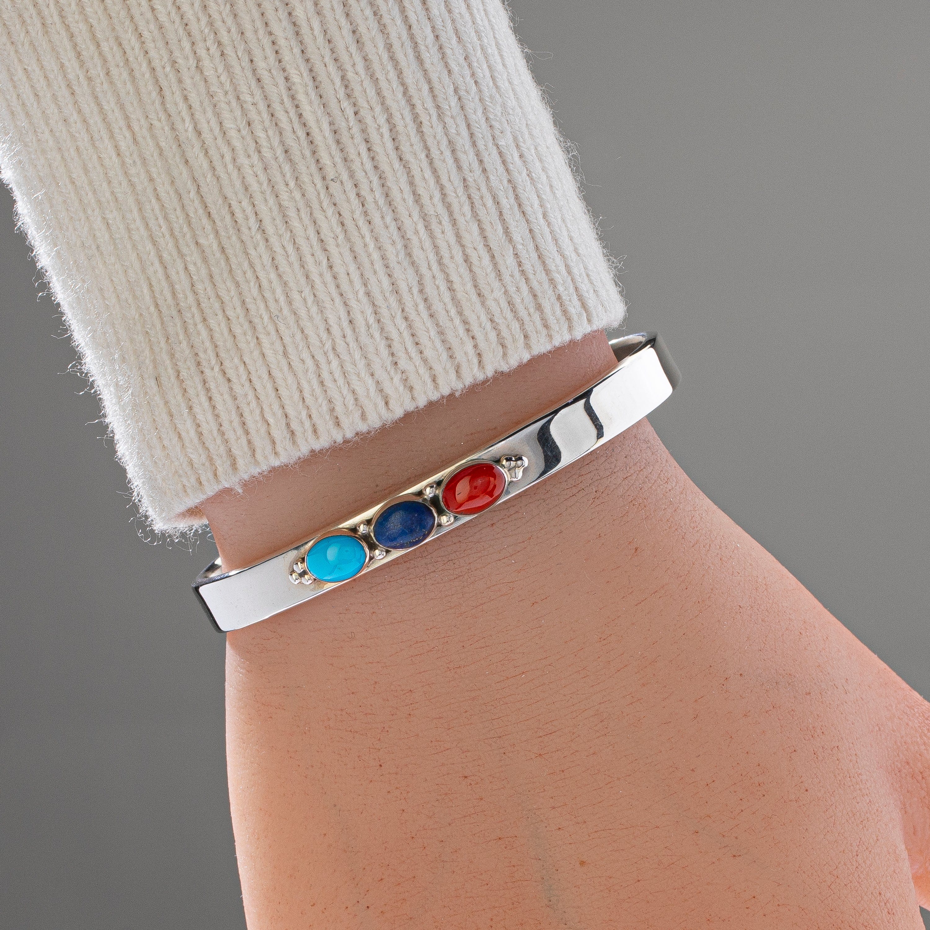 Kalifano Native American Jewelry Sleeping Beauty Turquoise, Coral, Lapis Navajo USA Native American Made 925 Sterling Silver Cuff NAB500.009