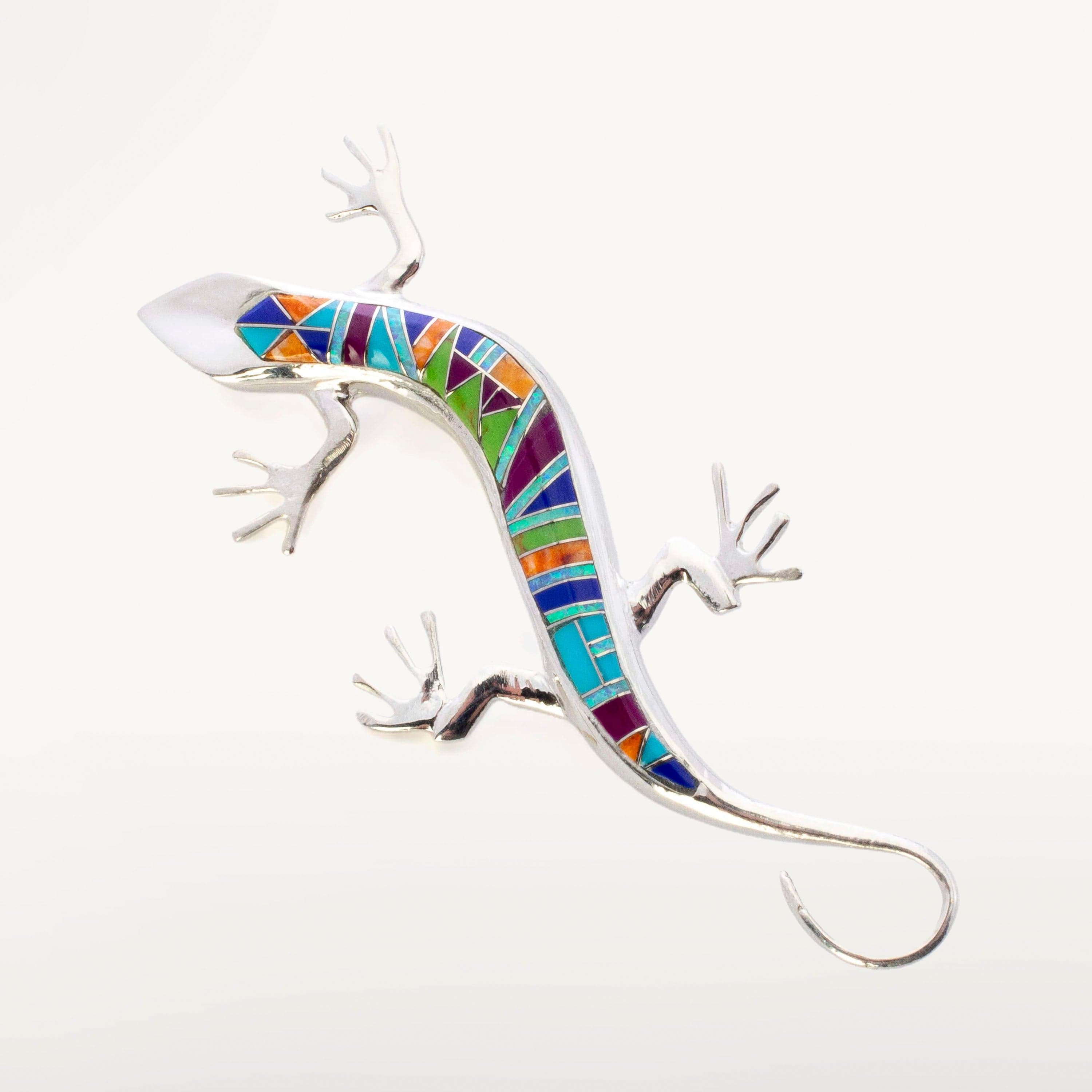KALIFANO Pendants Multi Gemstone Lizard 925 Sterling Silver Pin USA Handmade with Opal Accent NMP.0597.MT