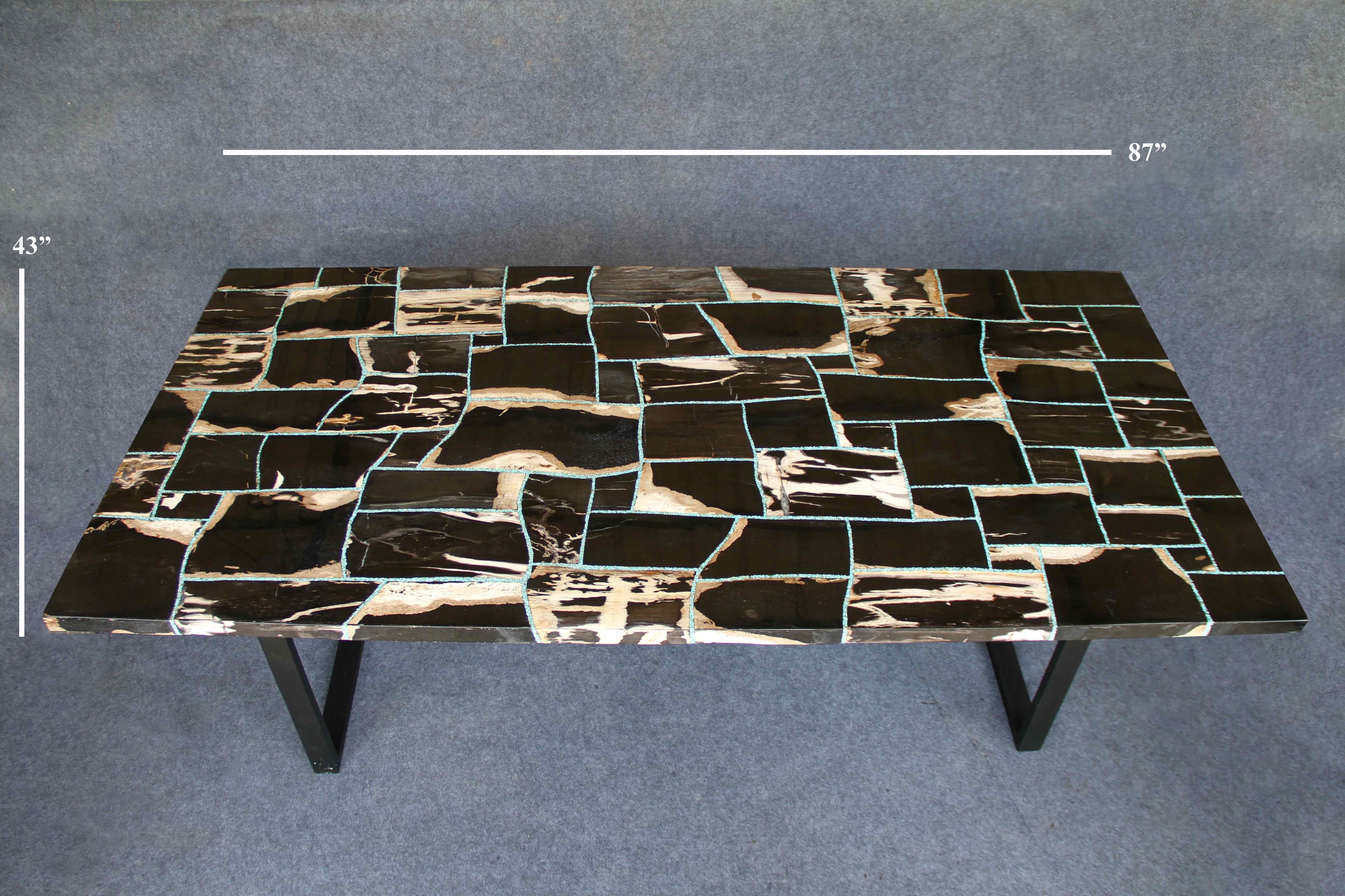 Kalifano Petrified Wood Black Mosaic Petrified Wood Howlite Turquoise Inlayed Dining Table 87" PWR18000-BK.004