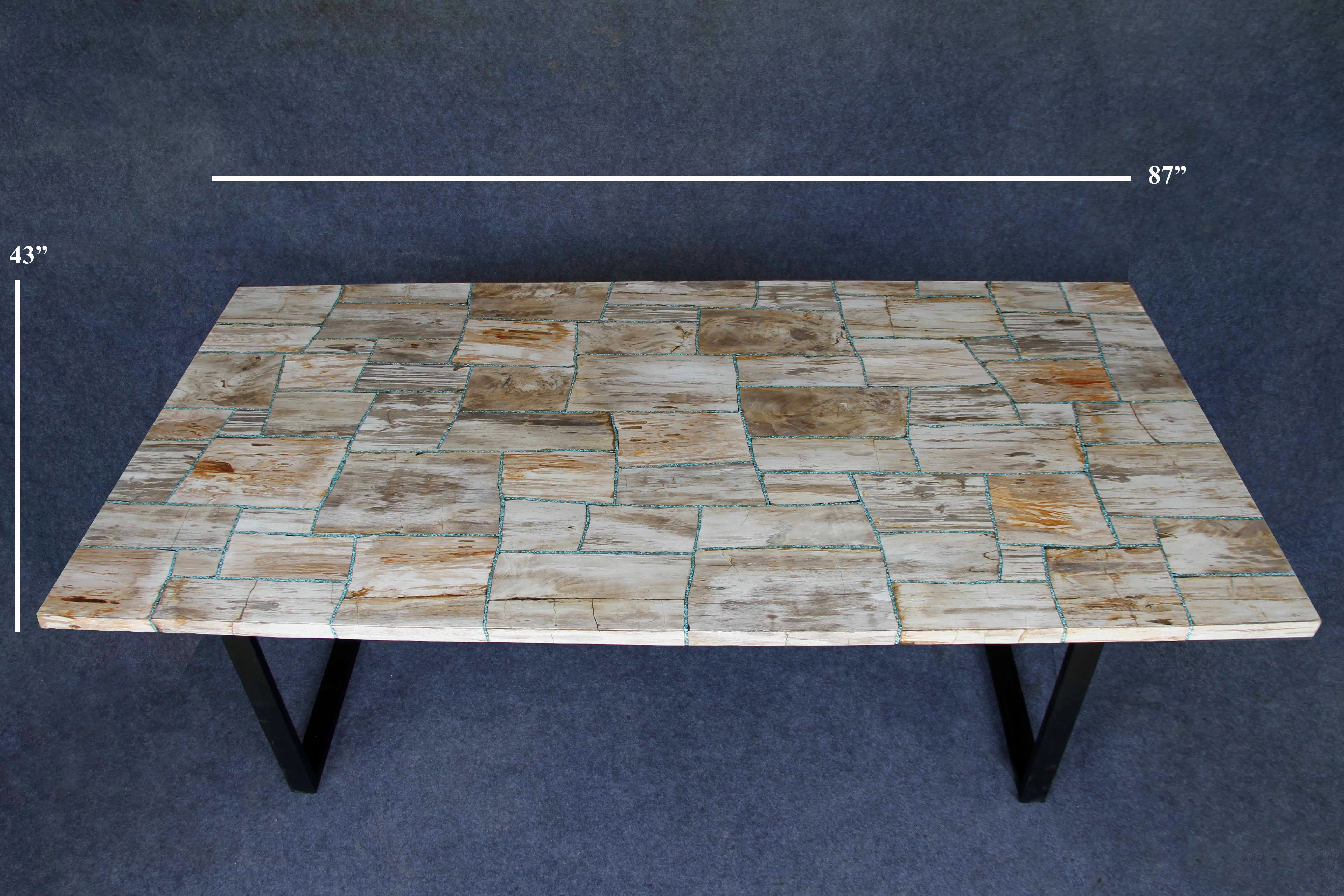 Kalifano Petrified Wood Brown Mosaic Petrified Wood Howlite Turquoise Inlayed Dining Table 87" PWR18000-BN.001
