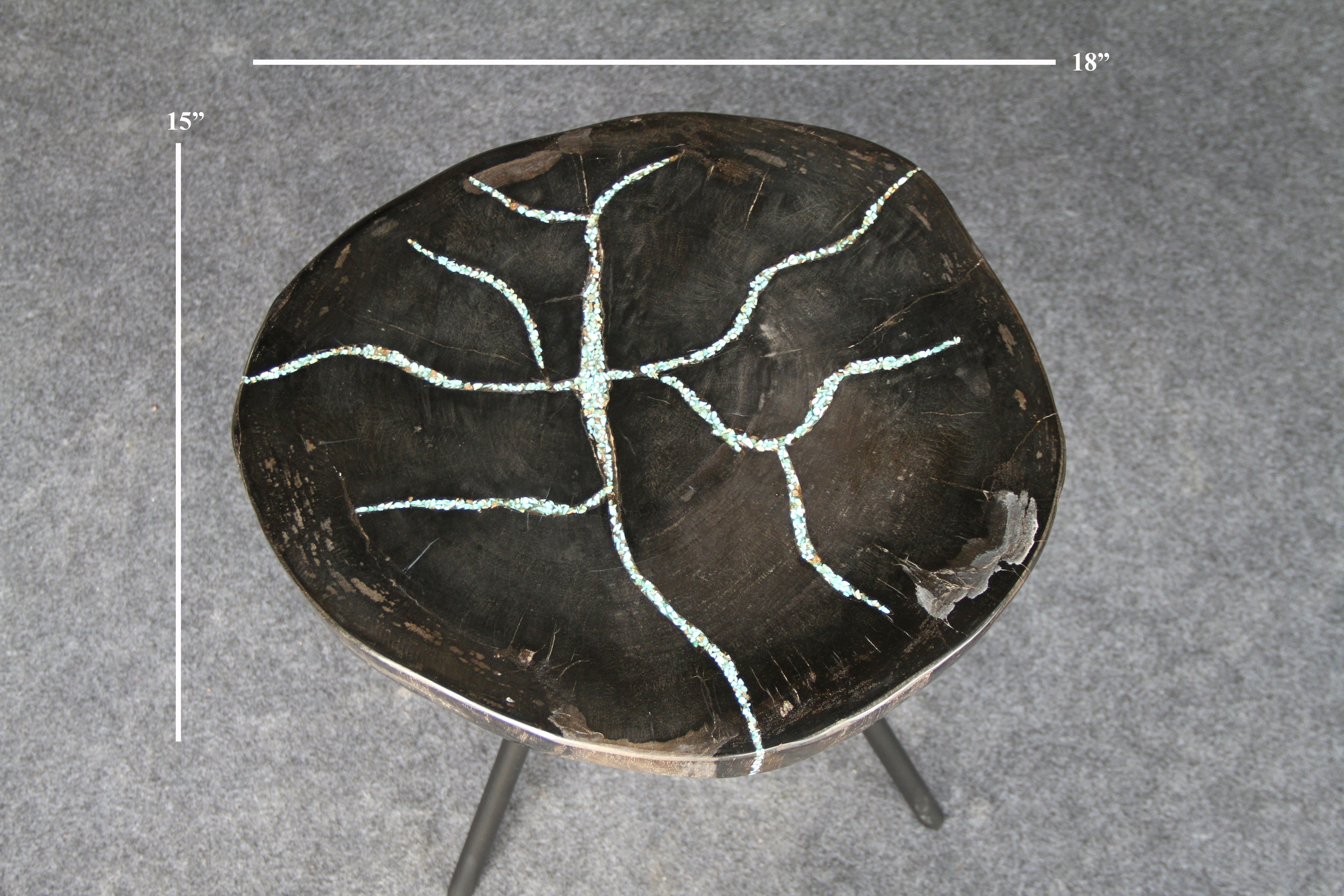Kalifano Petrified Wood Petrified Wood Round Coffee Howlite Turquoise Inlayed Table 18" / 33 lbs PWTTQ1400.002