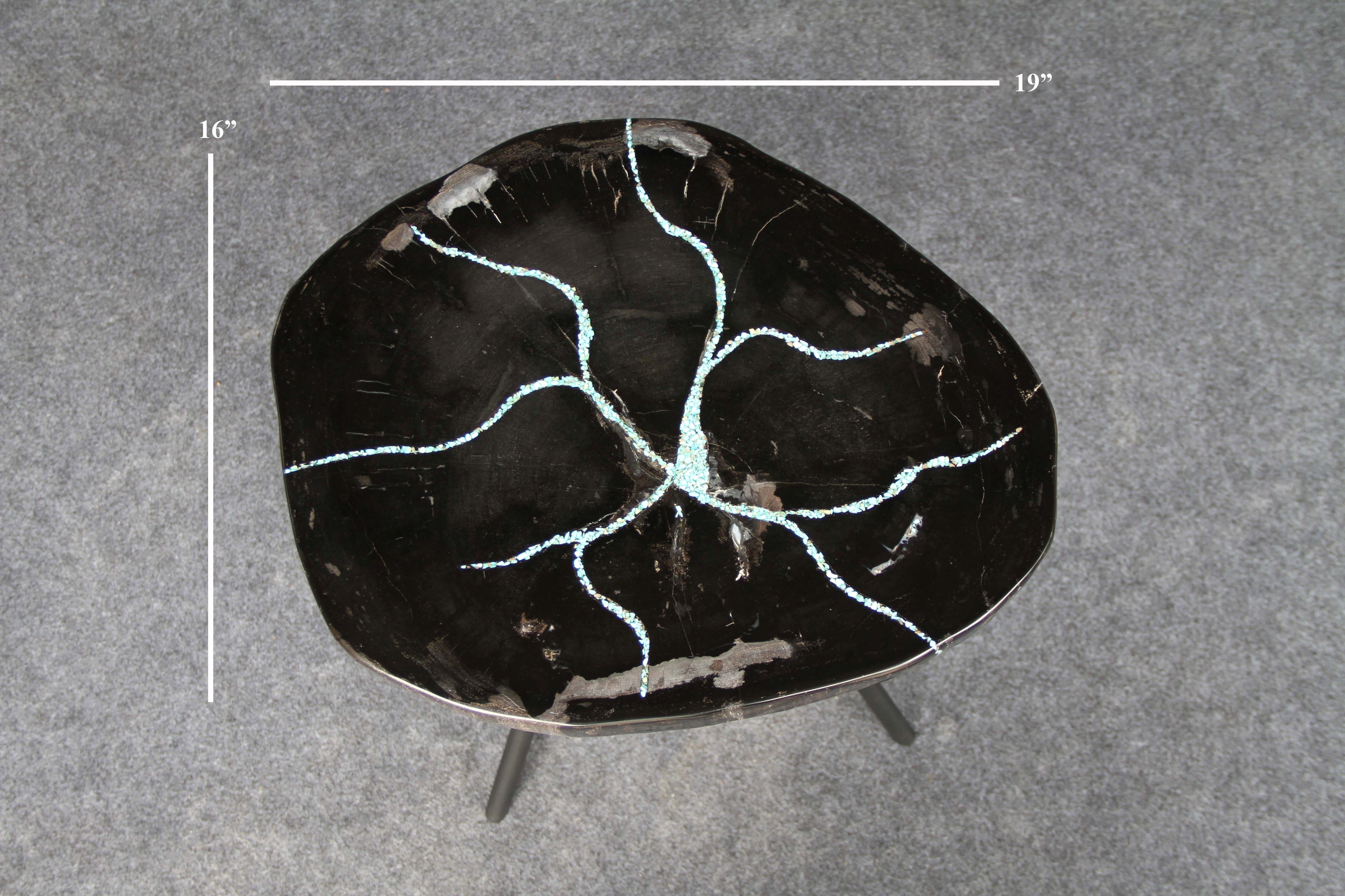 Kalifano Petrified Wood Petrified Wood Round Coffee Howlite Turquoise Inlayed Table 19" / 35 lbs PWTTQ1500.001