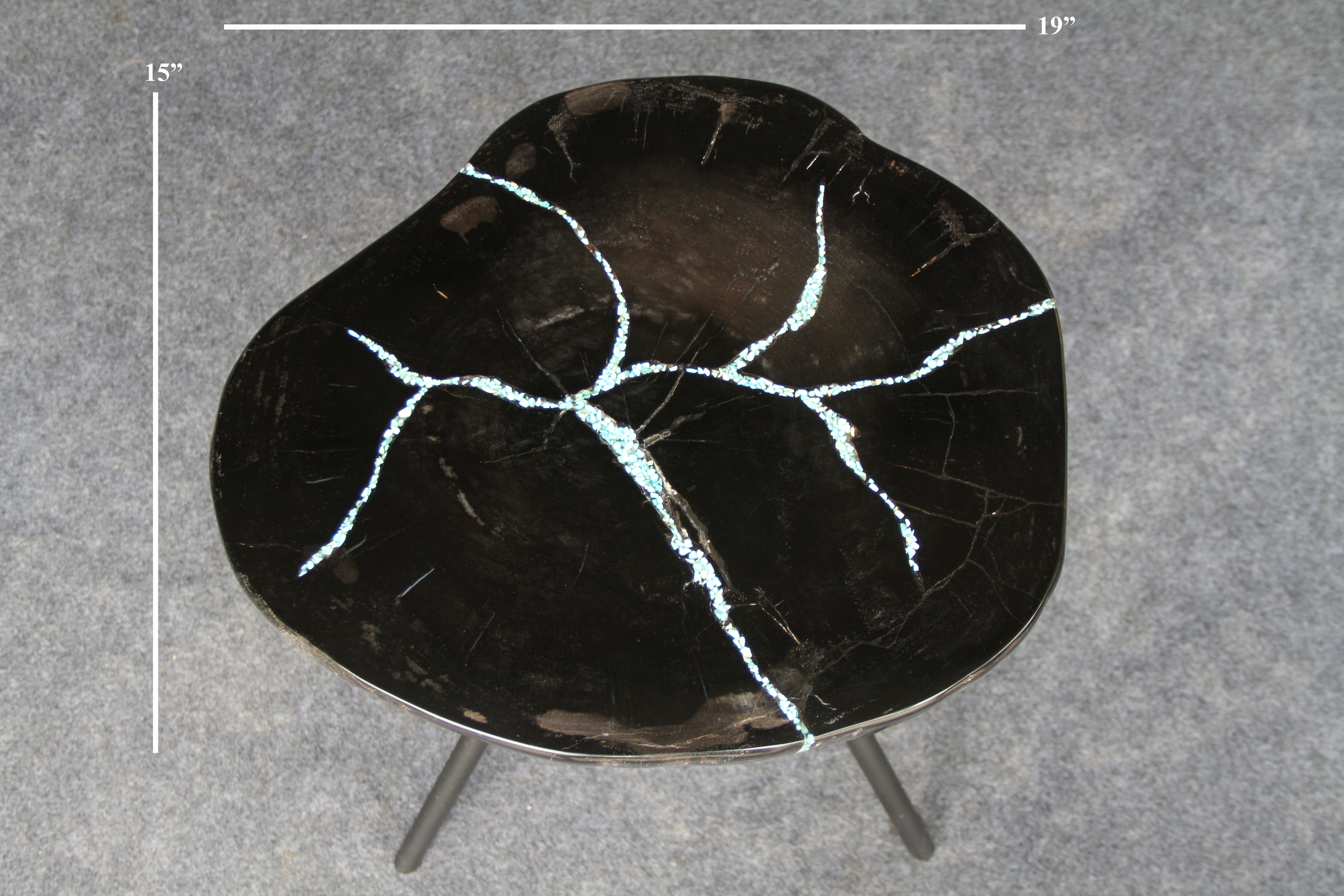 Kalifano Petrified Wood Petrified Wood Round Coffee Howlite Turquoise Inlayed Table 19" / 35 lbs PWTTQ1500.002