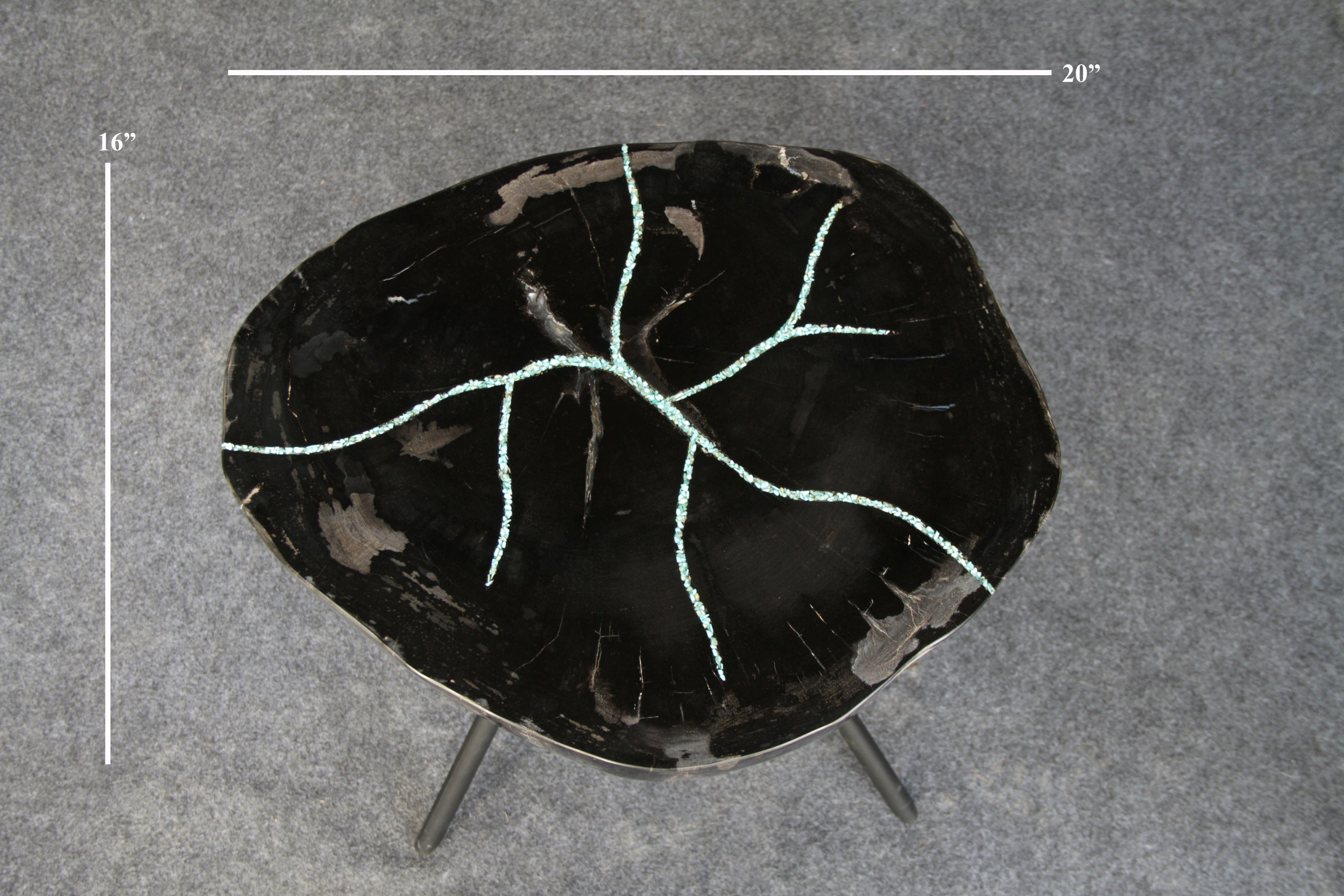 Kalifano Petrified Wood Petrified Wood Round Coffee Howlite Turquoise Inlayed Table 20" / 42 lbs PWTTQ1800.001