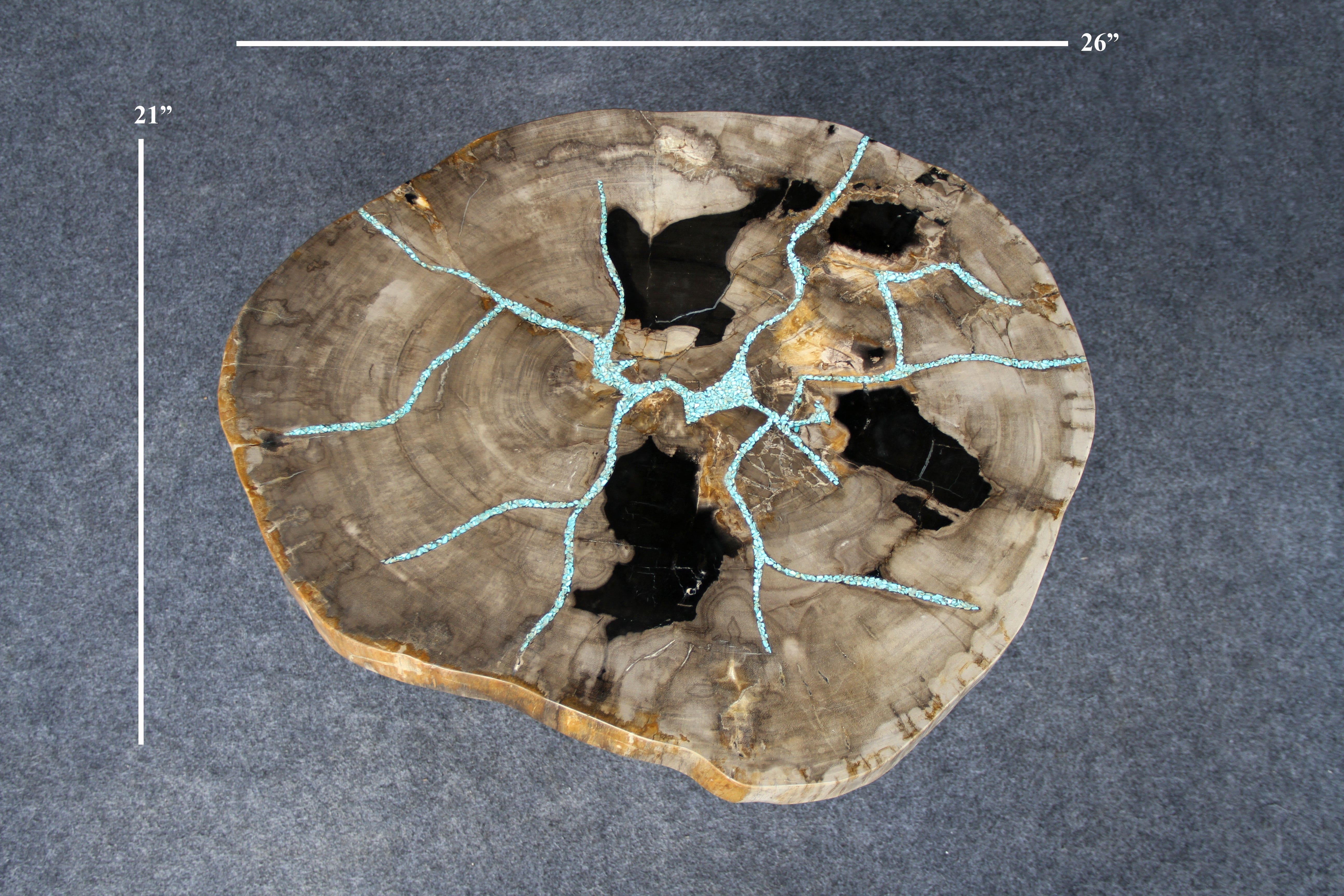 Kalifano Petrified Wood Petrified Wood Round Coffee Howlite Turquoise Inlayed Table 26" / 86 lbs PWTTQ3600.003