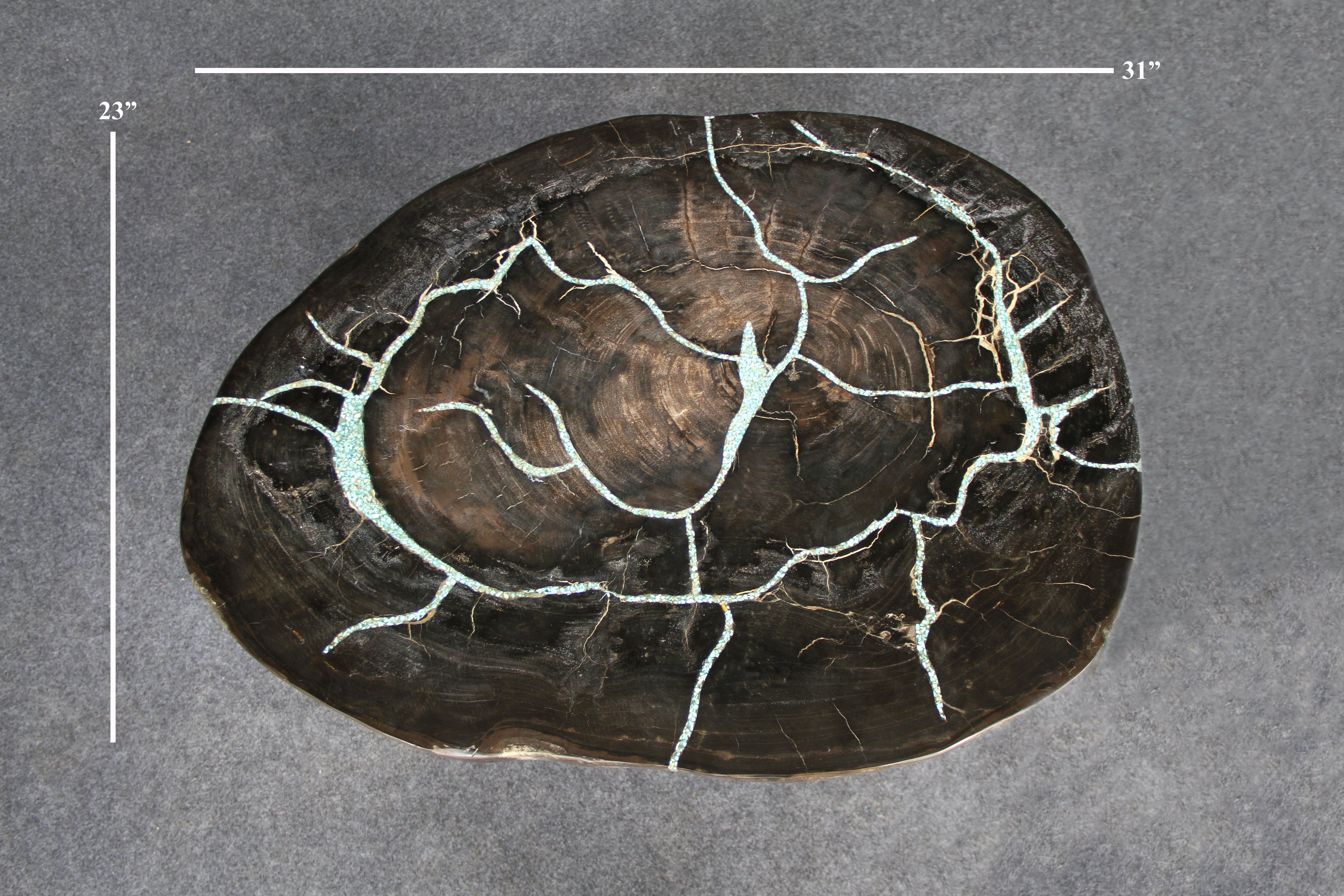 Kalifano Petrified Wood Petrified Wood Round Coffee Howlite Turquoise Inlayed Table 31" / 92 lbs PWTTQ3800.001