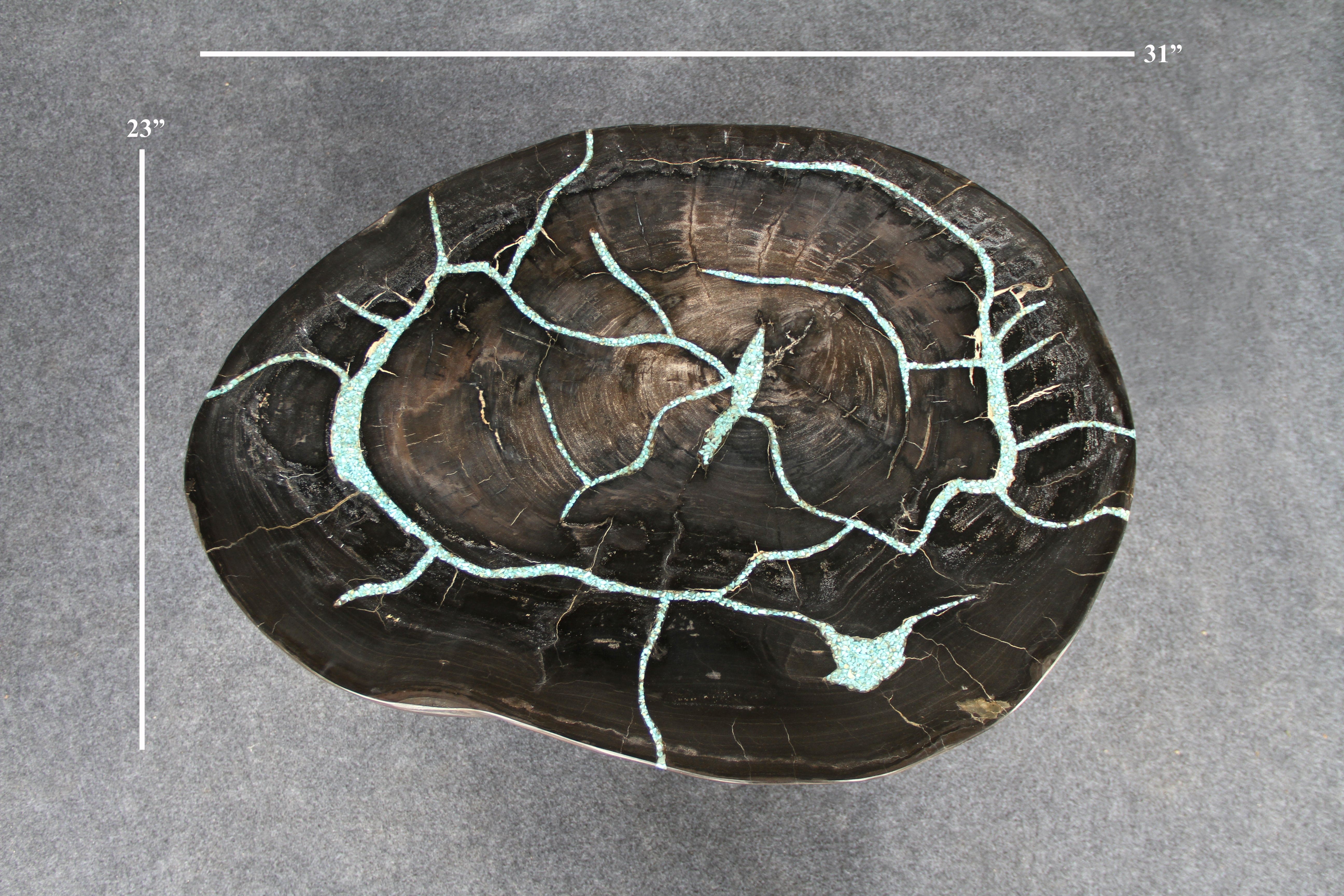 Kalifano Petrified Wood Petrified Wood Round Coffee Howlite Turquoise Inlayed Table 31" / 99 lbs PWTTQ4000.001