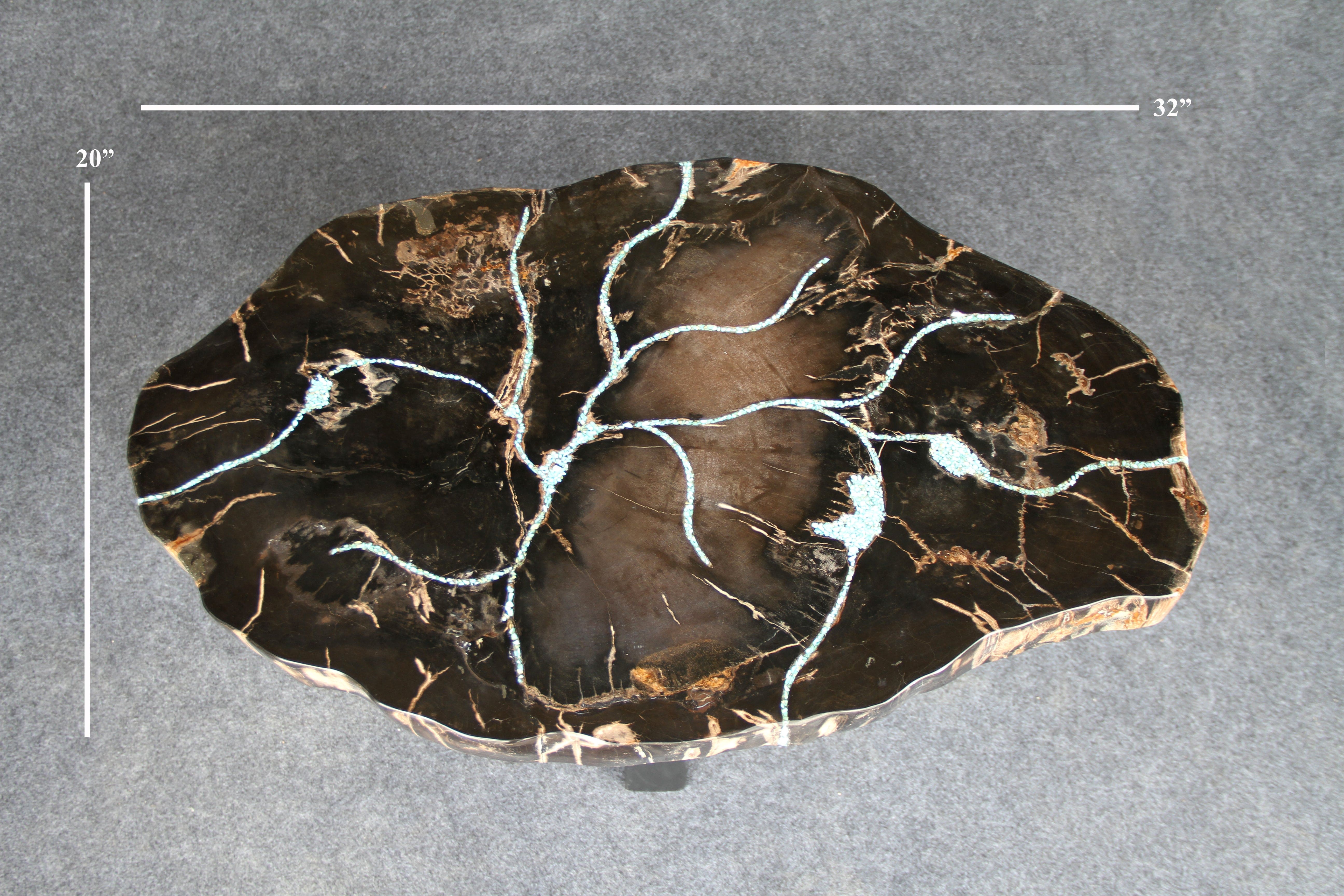 Kalifano Petrified Wood Petrified Wood Round Coffee Howlite Turquoise Inlayed Table 32" / 86 lbs PWTTQ3600.001