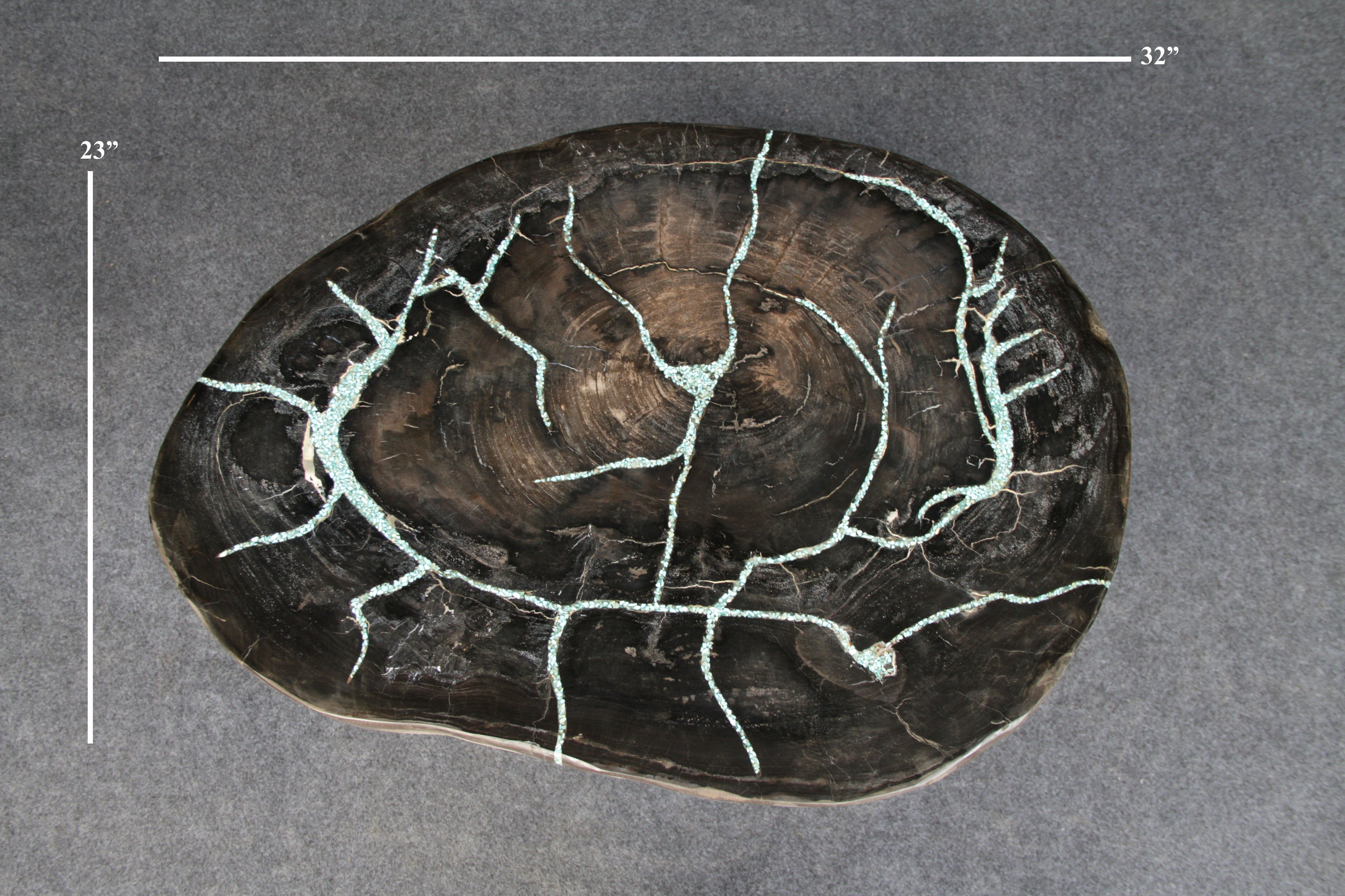 Kalifano Petrified Wood Petrified Wood Round Coffee Howlite Turquoise Inlayed Table 32" / 99 lbs PWTTQ4000.002