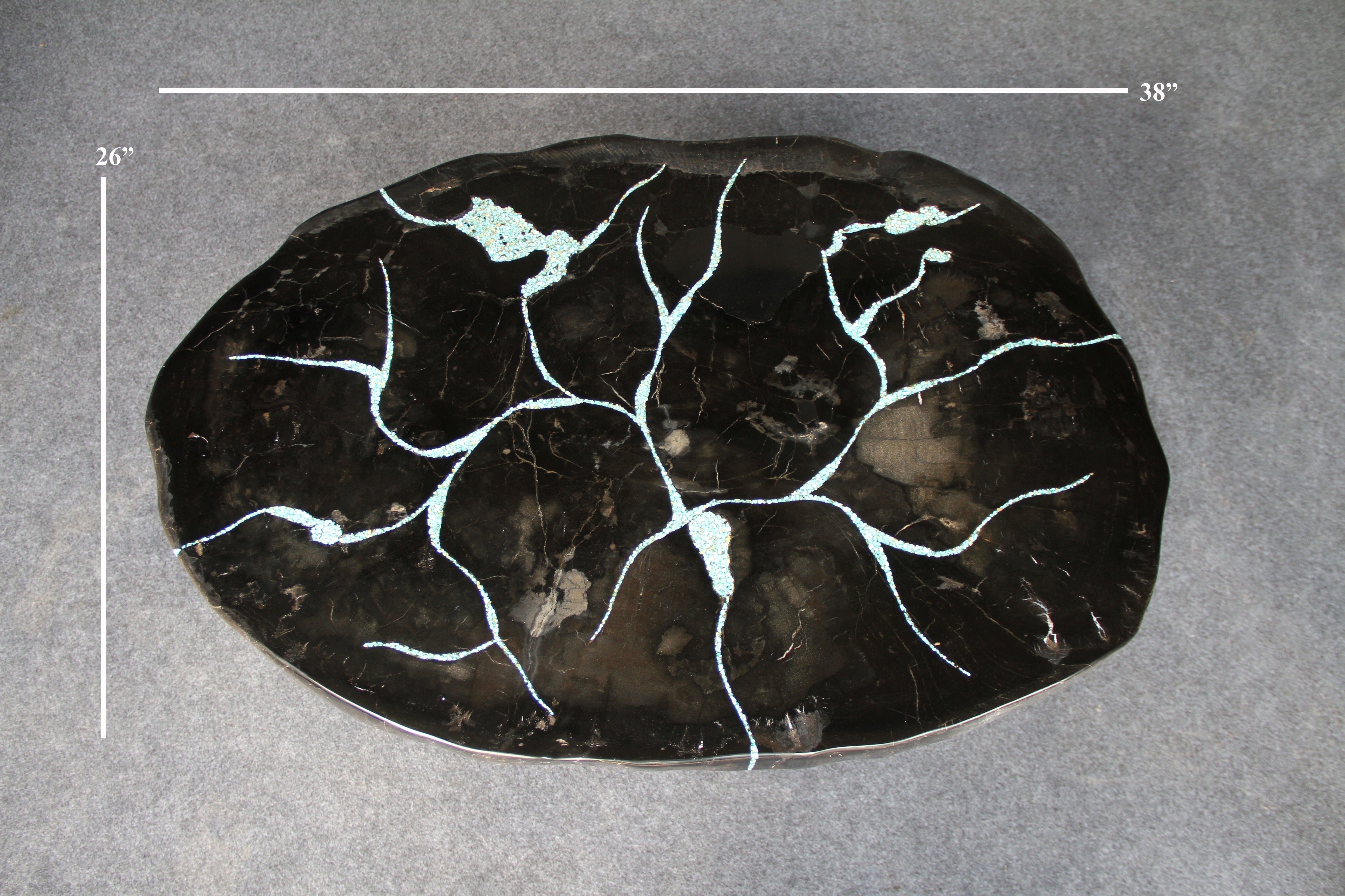 Kalifano Petrified Wood Petrified Wood Round Coffee Howlite Turquoise Inlayed Table 38" / 154 lbs PWTTQ6200.001