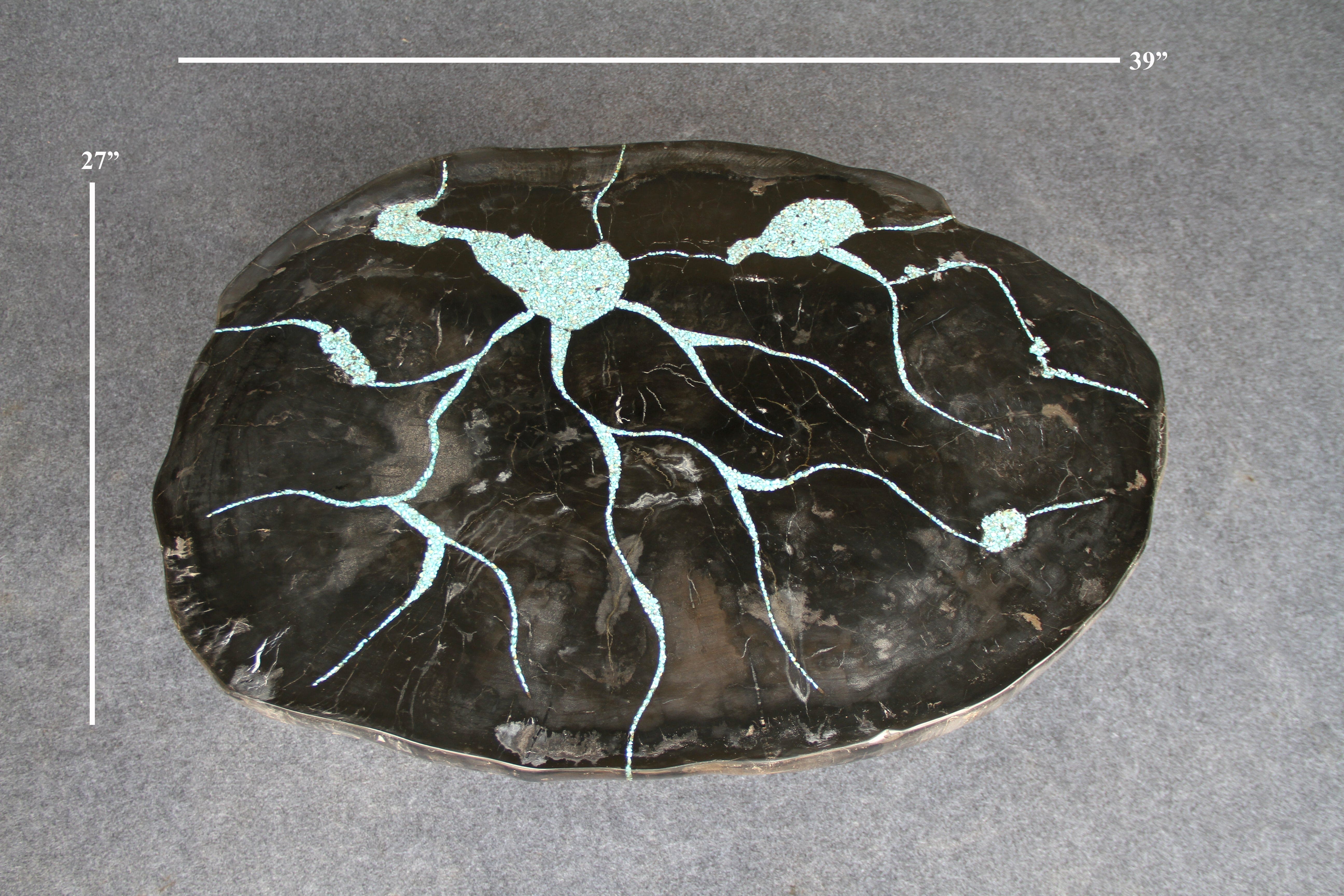 Kalifano Petrified Wood Petrified Wood Round Coffee Howlite Turquoise Inlayed Table 39" / 163 lbs PWTTQ6600.001