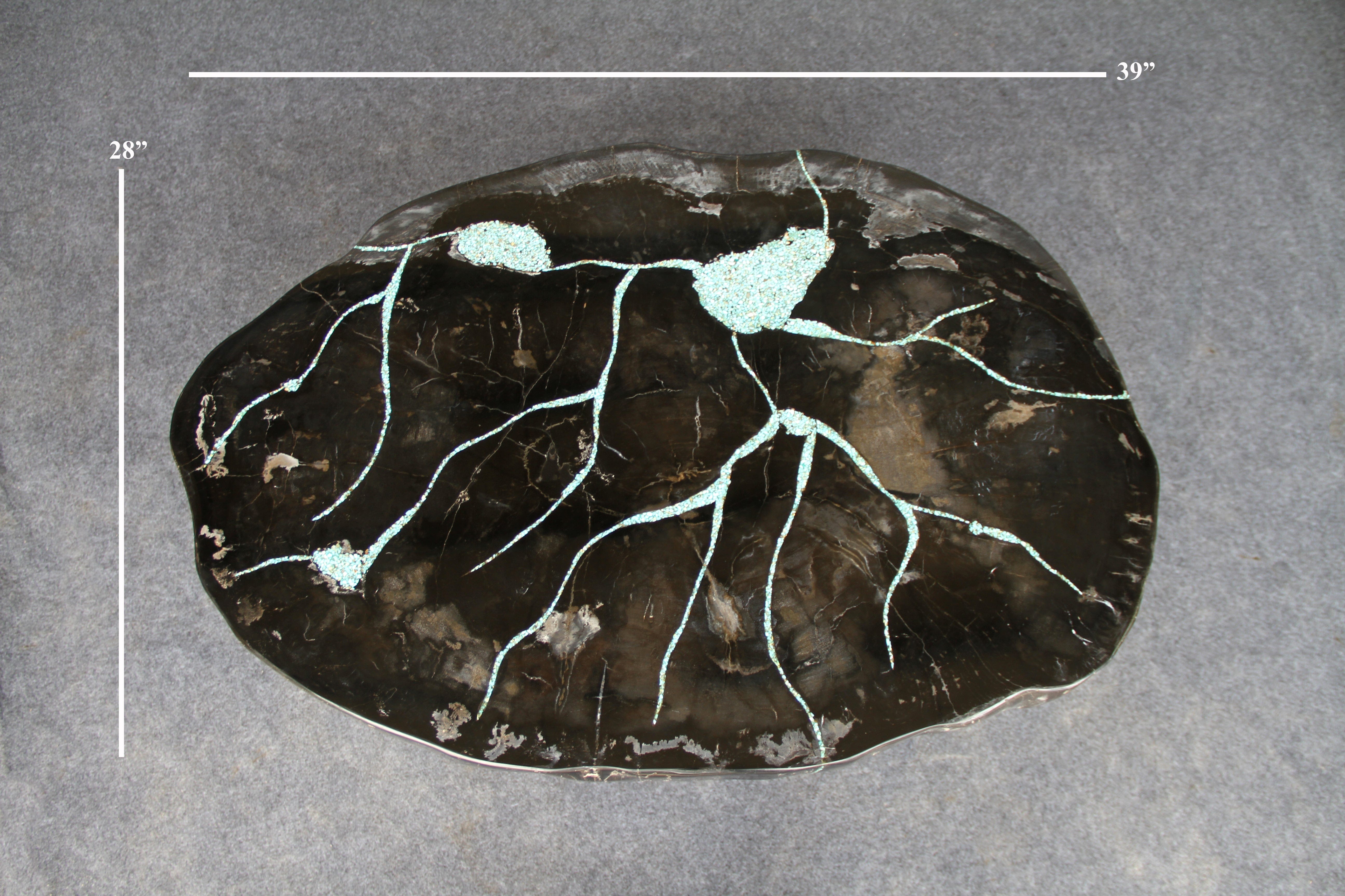 Kalifano Petrified Wood Petrified Wood Round Coffee Howlite Turquoise Inlayed Table 39" / 163 lbs PWTTQ6600.002