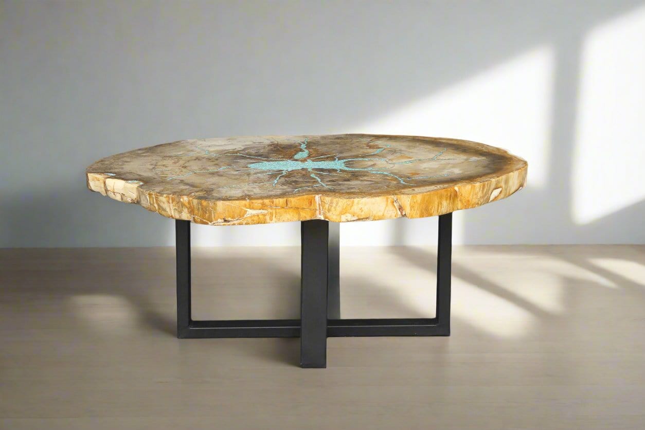 Kalifano Petrified Wood Petrified Wood Round Coffee Howlite Turquoise Inlayed Table 39" / 169 lbs PWTTQ7000.001