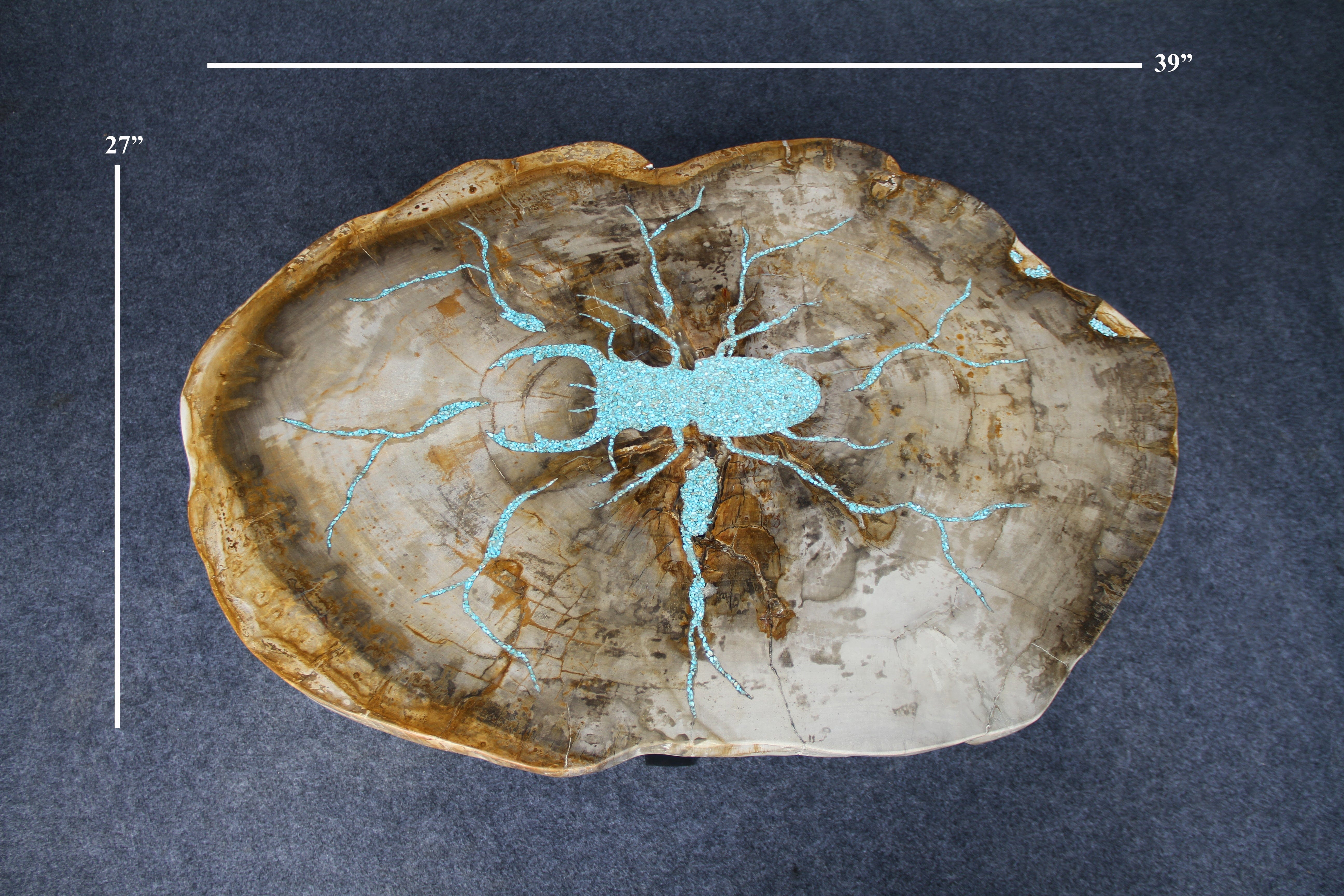 Kalifano Petrified Wood Petrified Wood Round Coffee Howlite Turquoise Inlayed Table 39" / 169 lbs PWTTQ7000.001