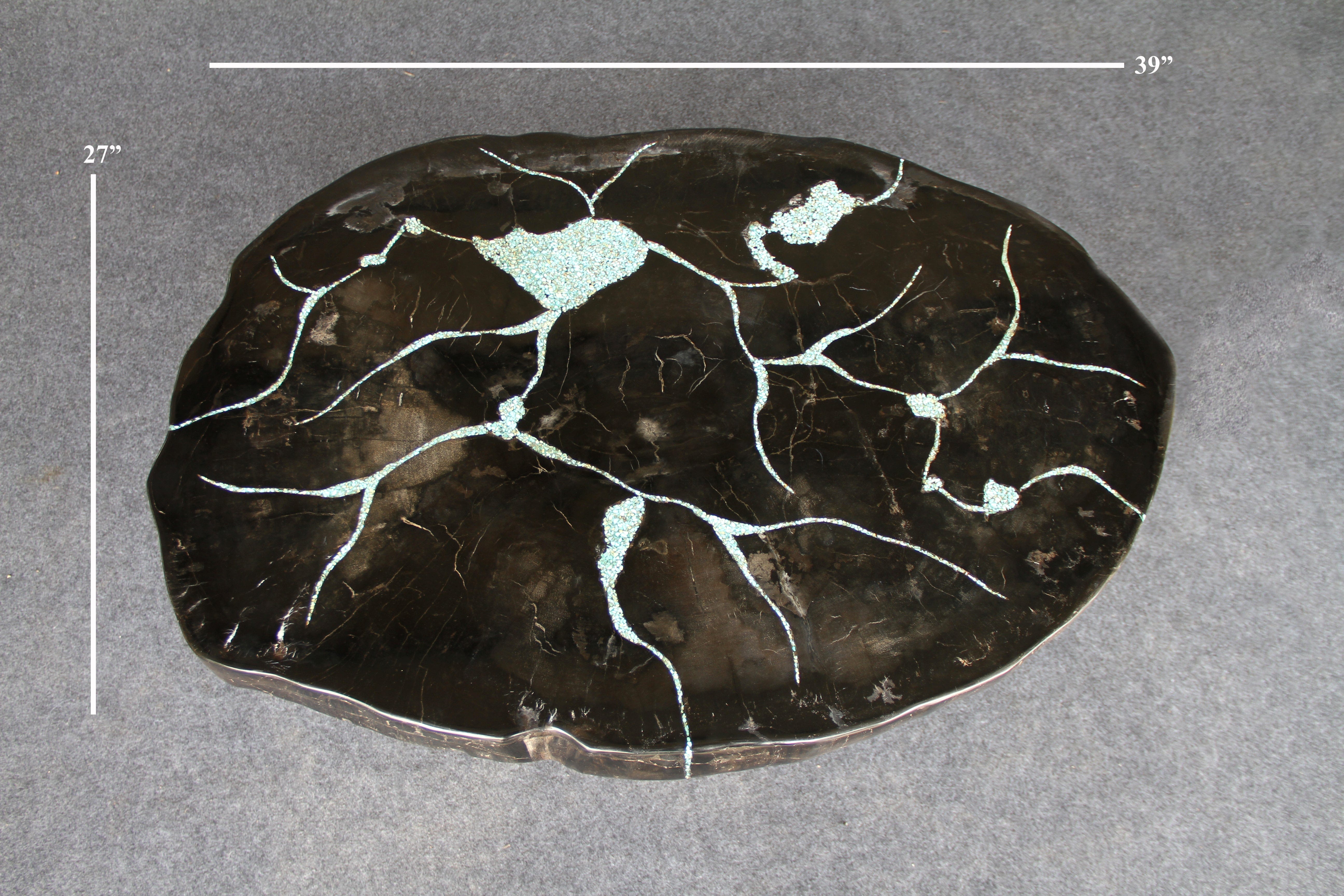 Kalifano Petrified Wood Petrified Wood Round Coffee Howlite Turquoise Inlayed Table 39" / 169 lbs PWTTQ7000.002