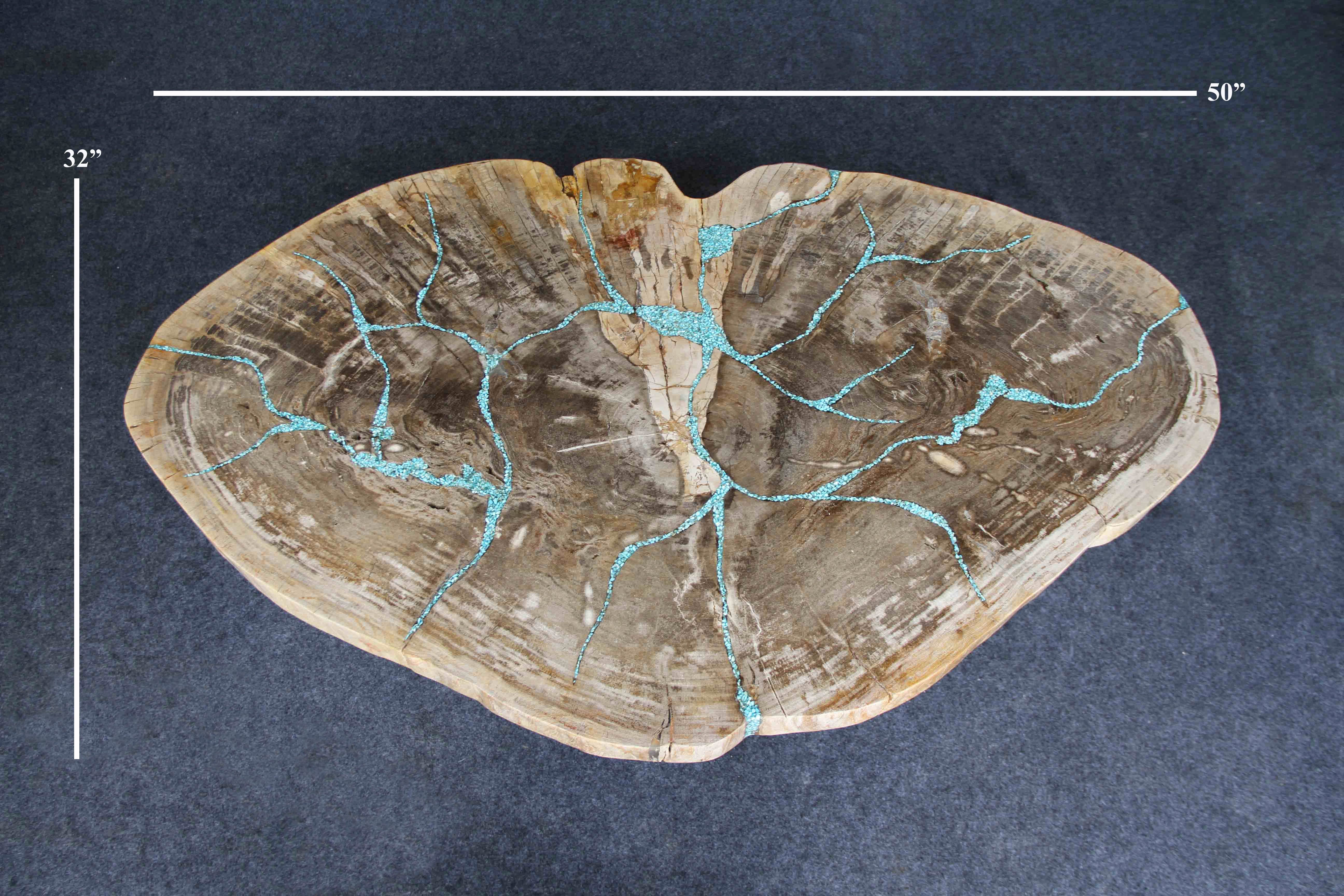 Kalifano Petrified Wood Petrified Wood Round Coffee Howlite Turquoise Inlayed Table 50" / 253 lbs PWTTQ10200.001