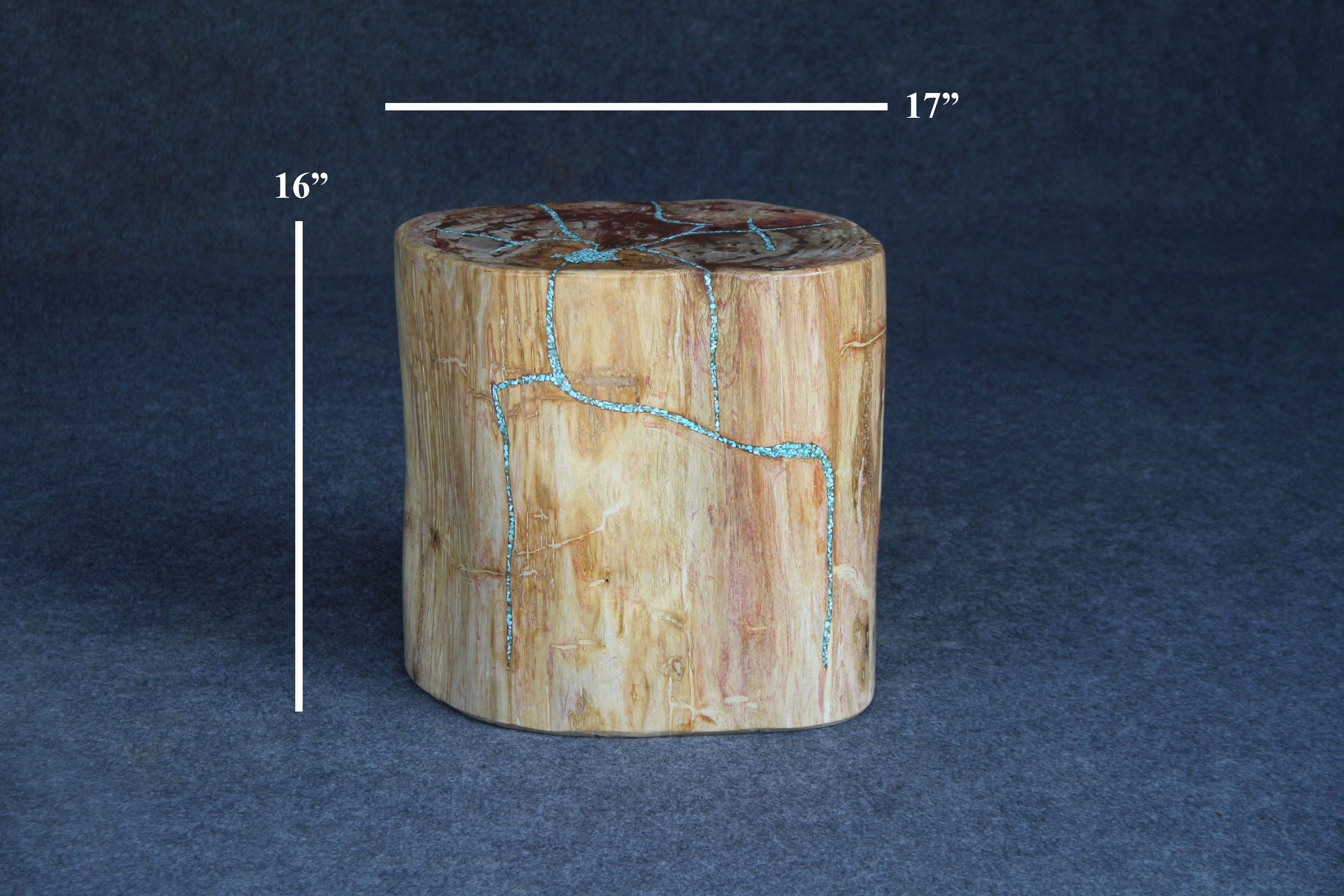 Kalifano Petrified Wood Petrified Wood Round Stump Howlite Turquoise Inlayed 17" / 216 lbs PWSTQ4400.001