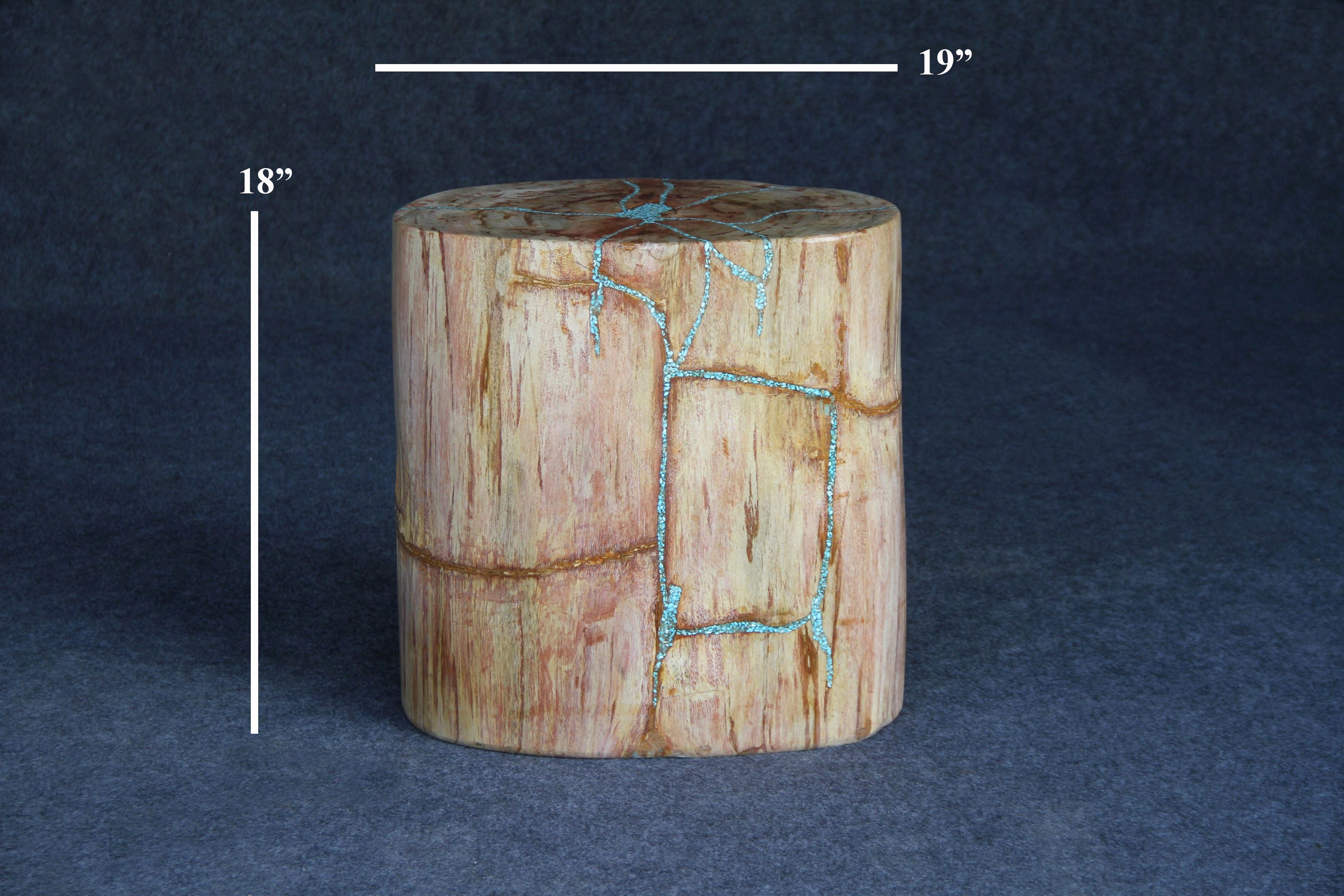Kalifano Petrified Wood Petrified Wood Round Stump Howlite Turquoise Inlayed 19" / 262 lbs PWSTQ5300.001