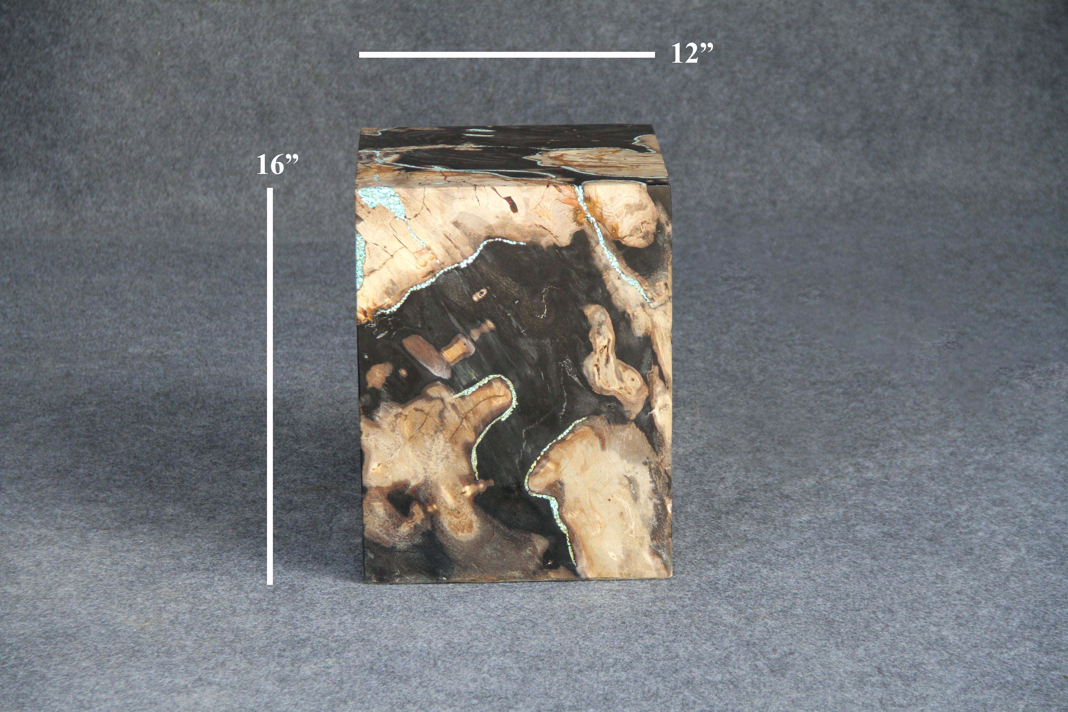 Kalifano Petrified Wood Petrified Wood Square Stump Howlite Turquoise Inlayed 12" / 231 lbs PWSSTQ6400.002