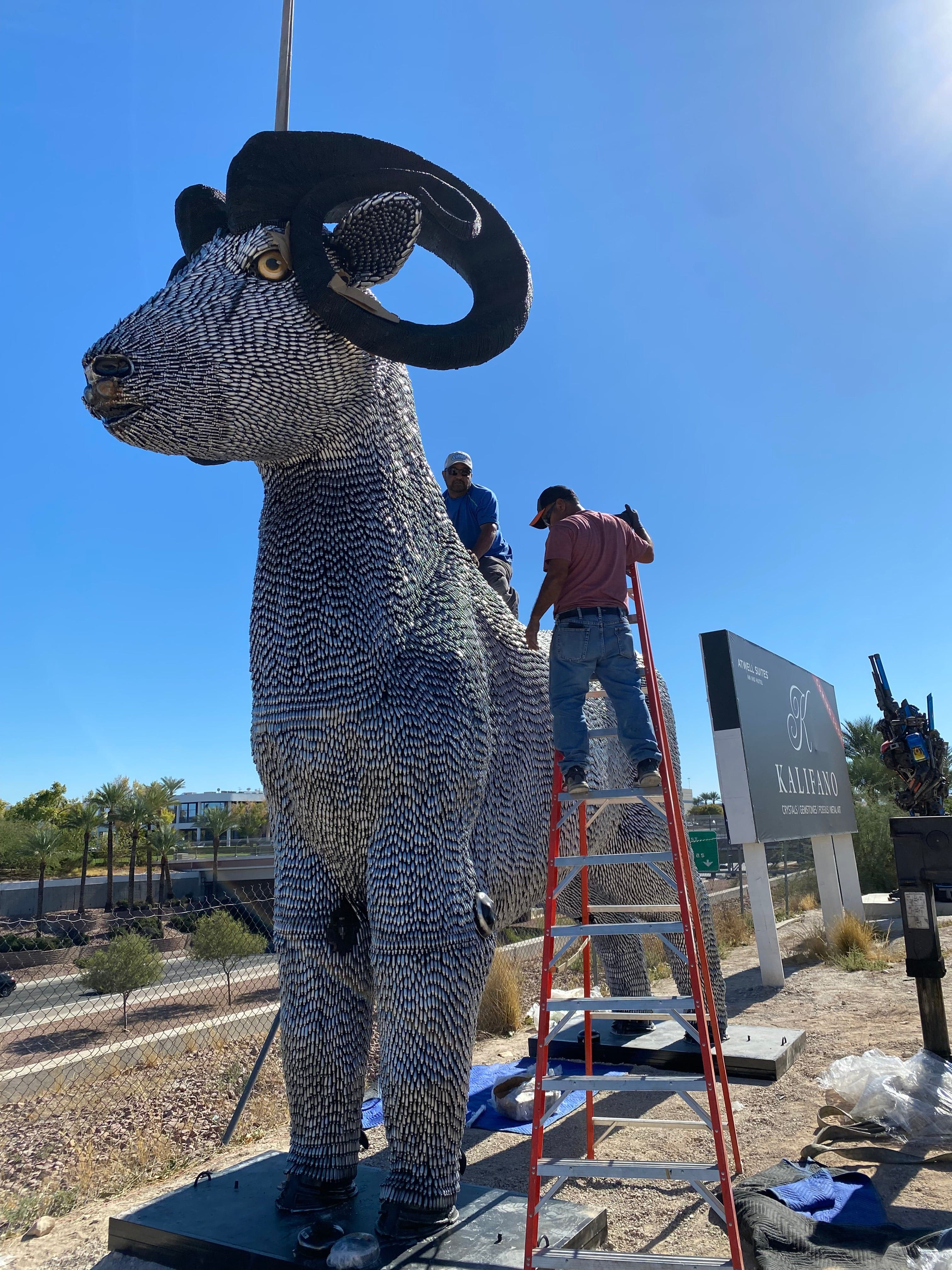 Kalifano Recycled Metal Art 15ft CO2 Canisters and Spark Plugs (80,000+) Big Horn Sheep Recycled Metal Sculpture RMS-ALP500-P