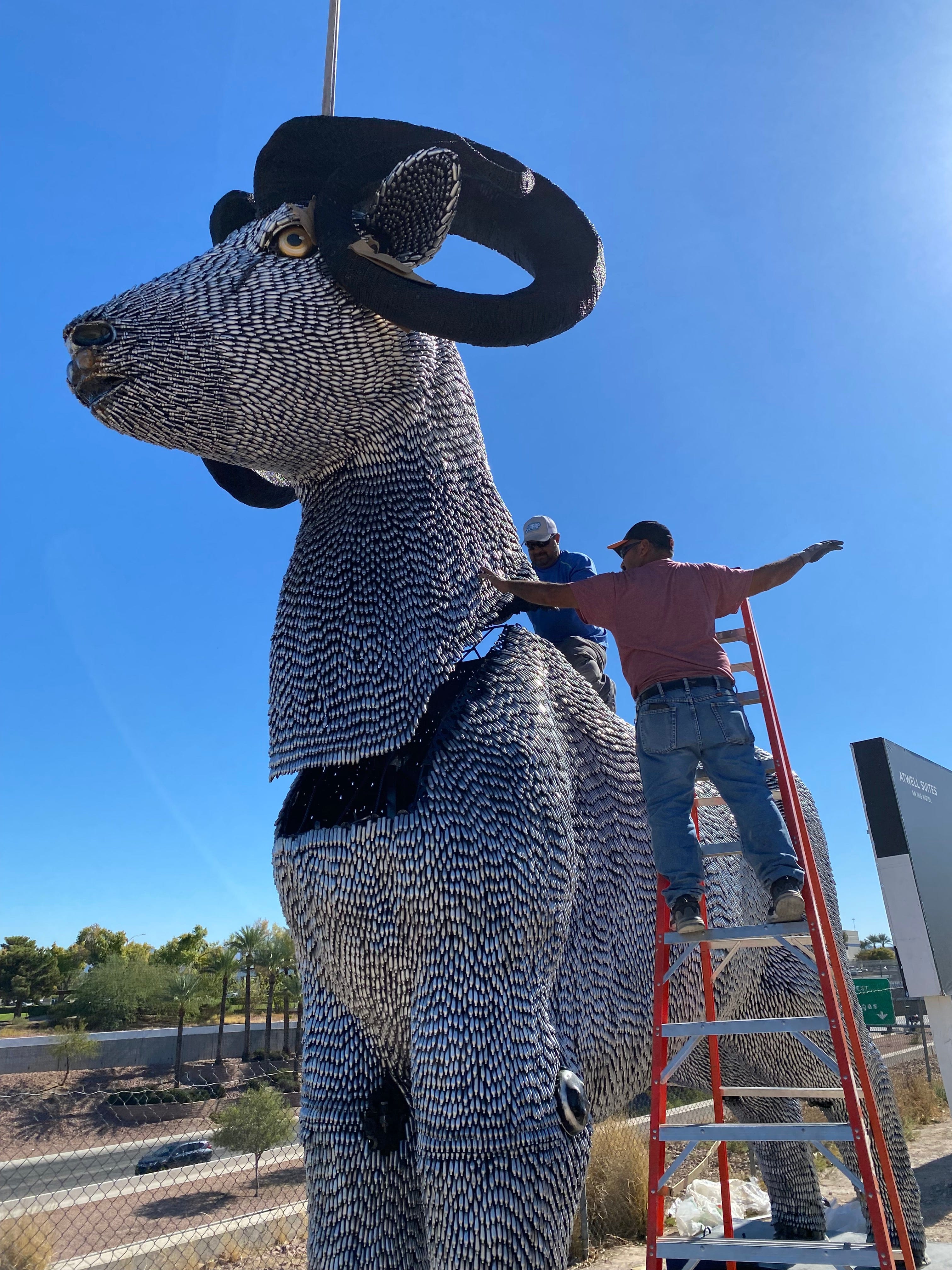 Kalifano Recycled Metal Art 15ft CO2 Canisters and Spark Plugs (80,000+) Big Horn Sheep Recycled Metal Sculpture RMS-ALP500-P