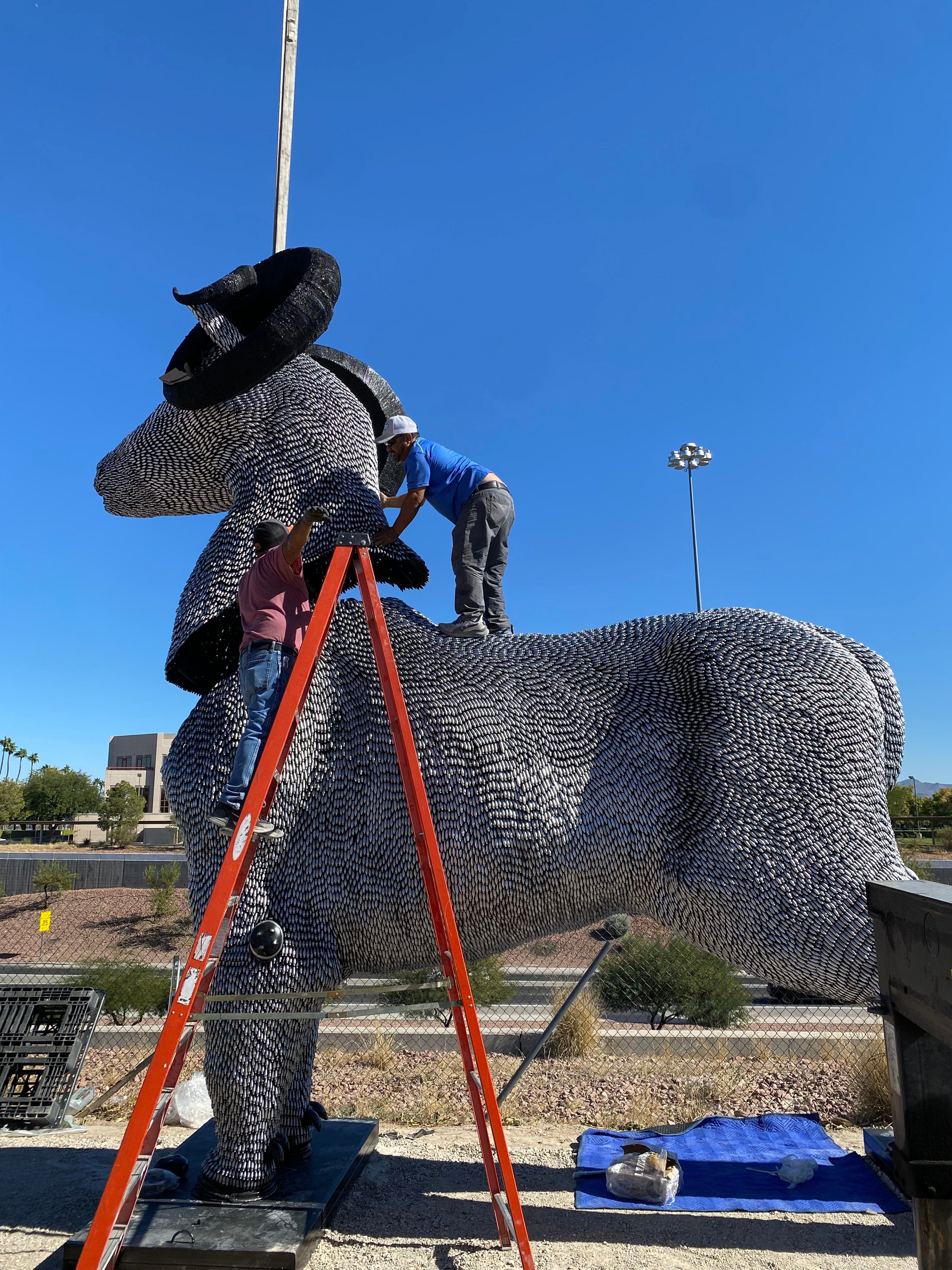 Kalifano Recycled Metal Art 15ft CO2 Canisters and Spark Plugs (80,000+) Big Horn Sheep Recycled Metal Sculpture RMS-ALP500-P