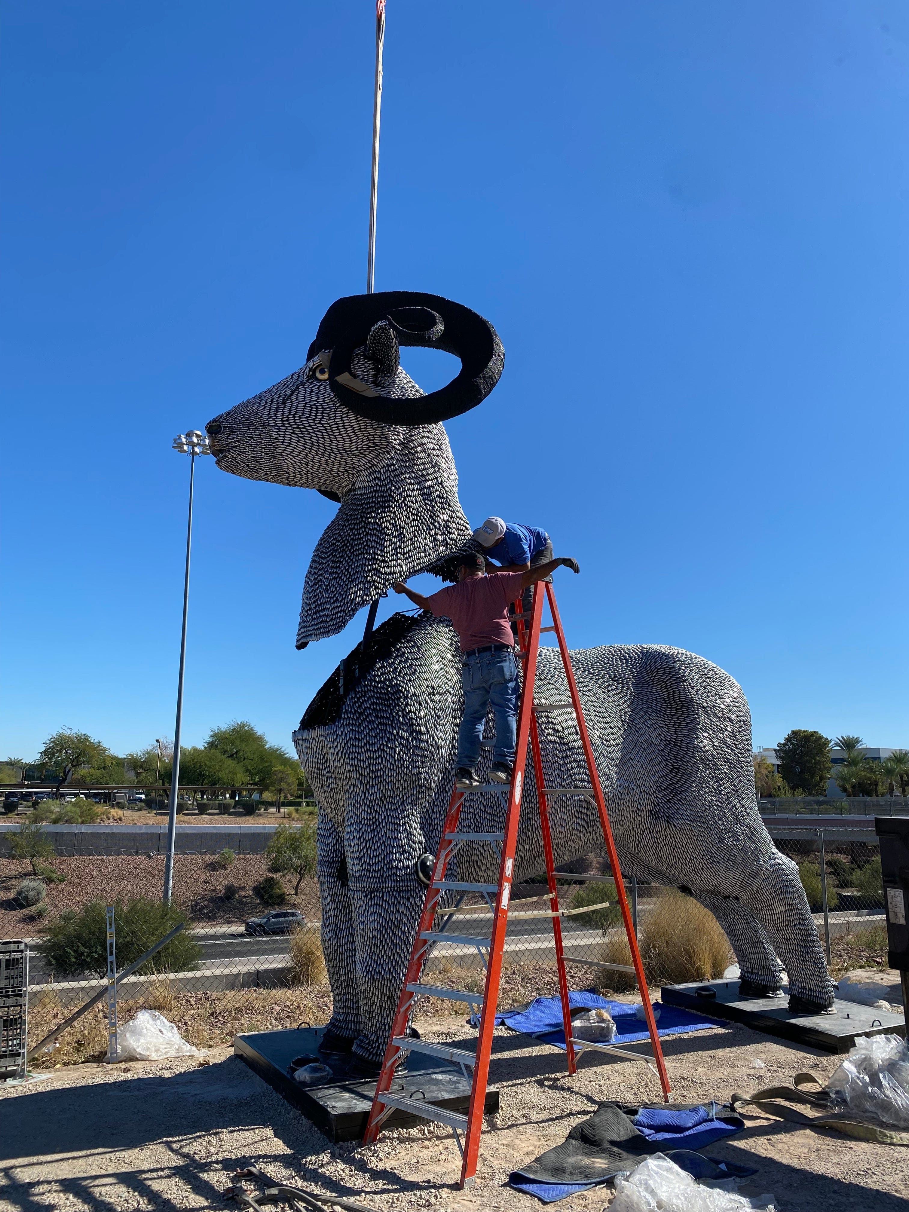 Kalifano Recycled Metal Art 15ft CO2 Canisters and Spark Plugs (80,000+) Big Horn Sheep Recycled Metal Sculpture RMS-ALP500-P