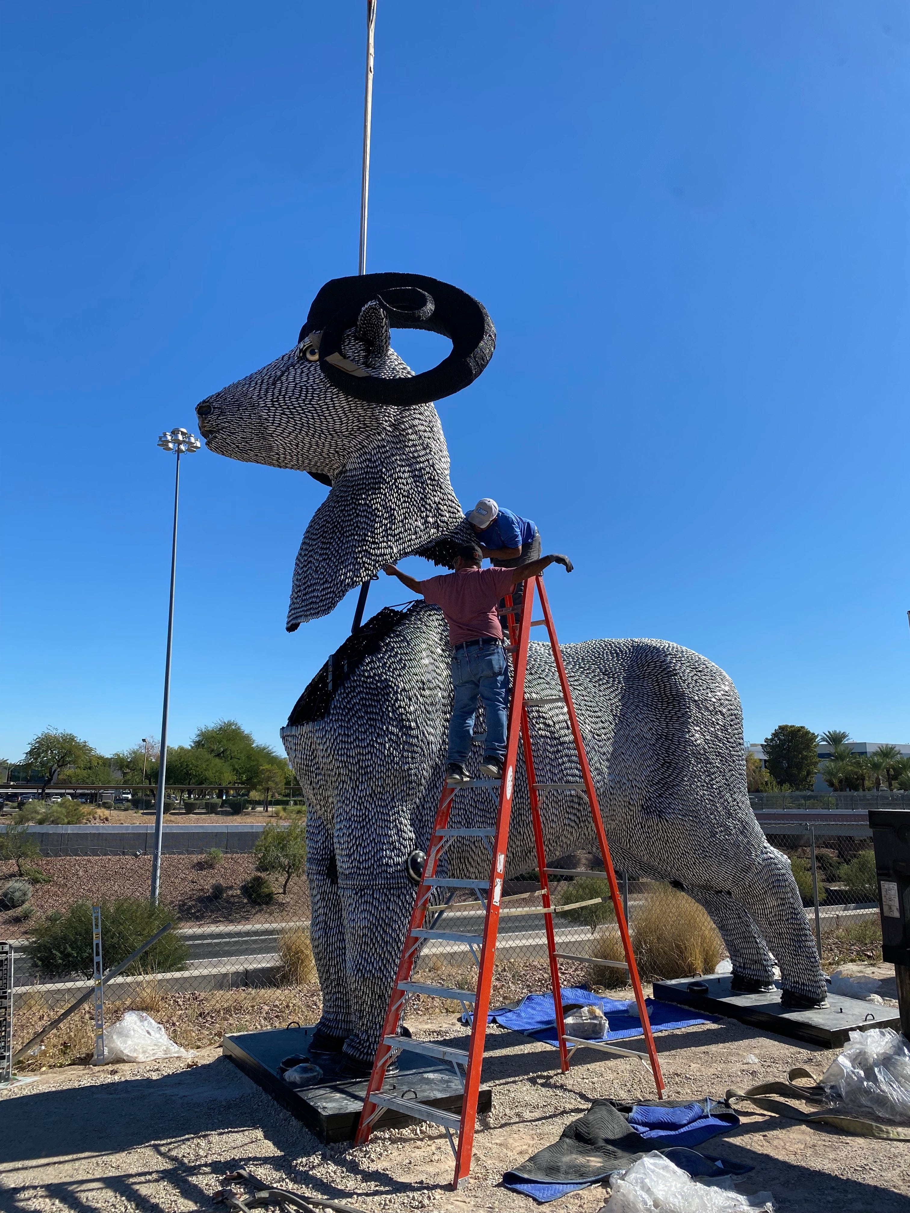 Kalifano Recycled Metal Art 15ft CO2 Canisters and Spark Plugs (80,000+) Big Horn Sheep Recycled Metal Sculpture RMS-ALP500-P