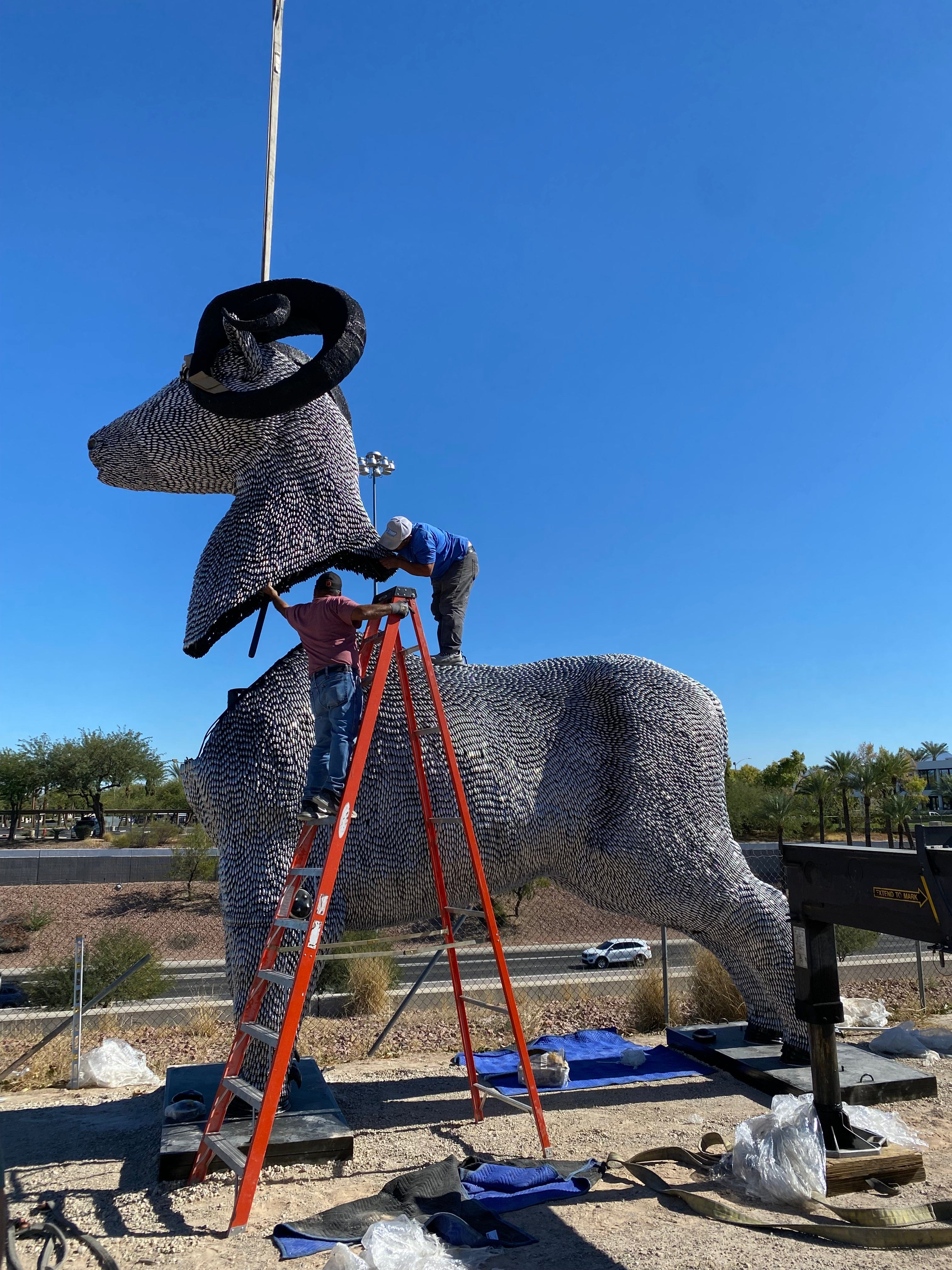 Kalifano Recycled Metal Art 15ft CO2 Canisters and Spark Plugs (80,000+) Big Horn Sheep Recycled Metal Sculpture RMS-ALP500-P