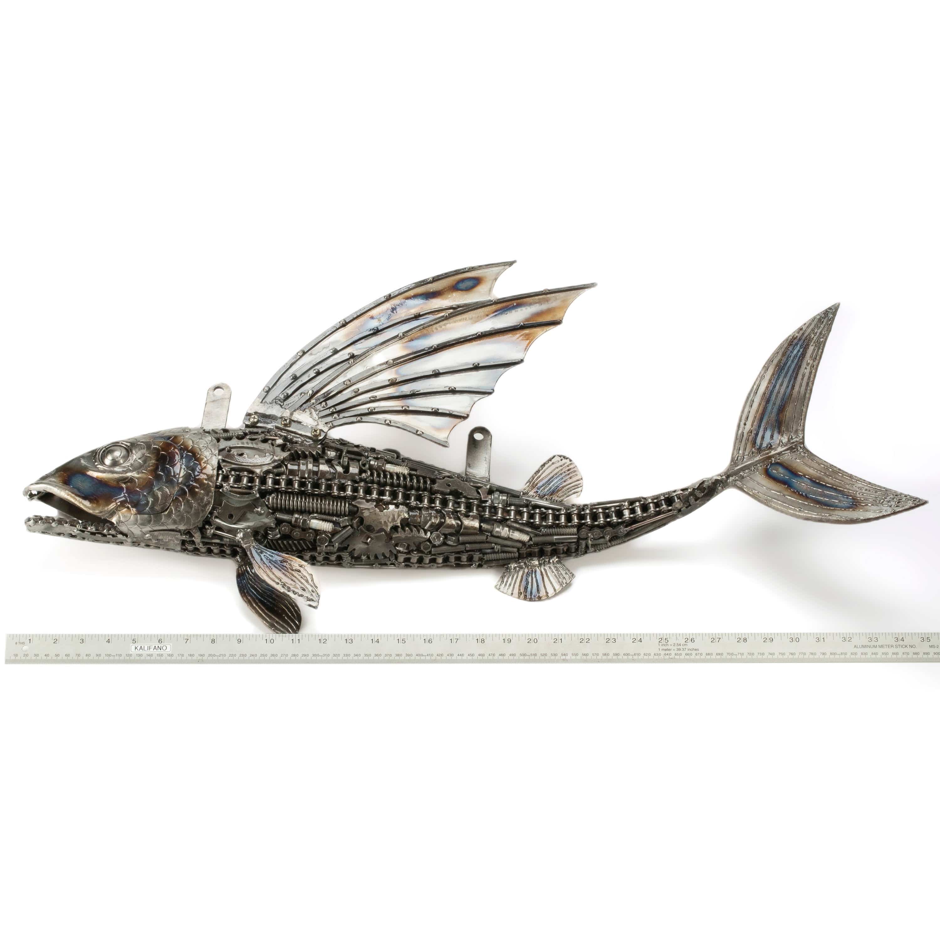 KALIFANO Recycled Metal Art 35" Flying Fish (Right) Inspired Recycled Metal Art Sculpture RMS-FFR88x55-PK