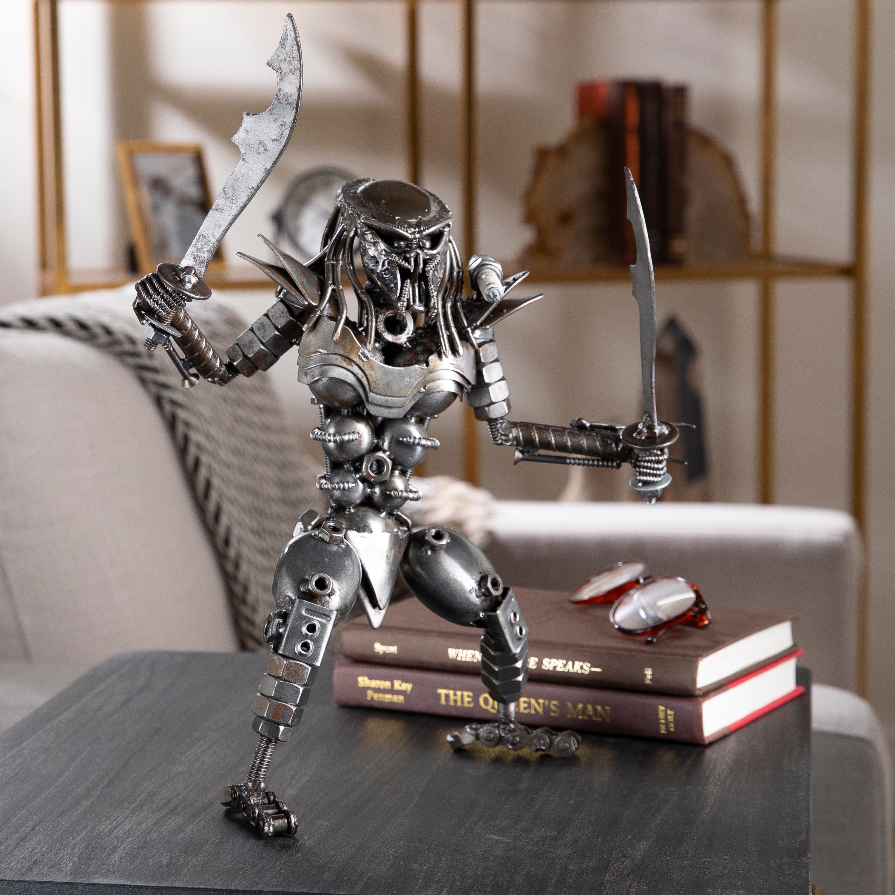KALIFANO Recycled Metal Art Predator with Dual Wielded Sword Inspired Recycled Metal Sculpture RMS-700PD-N