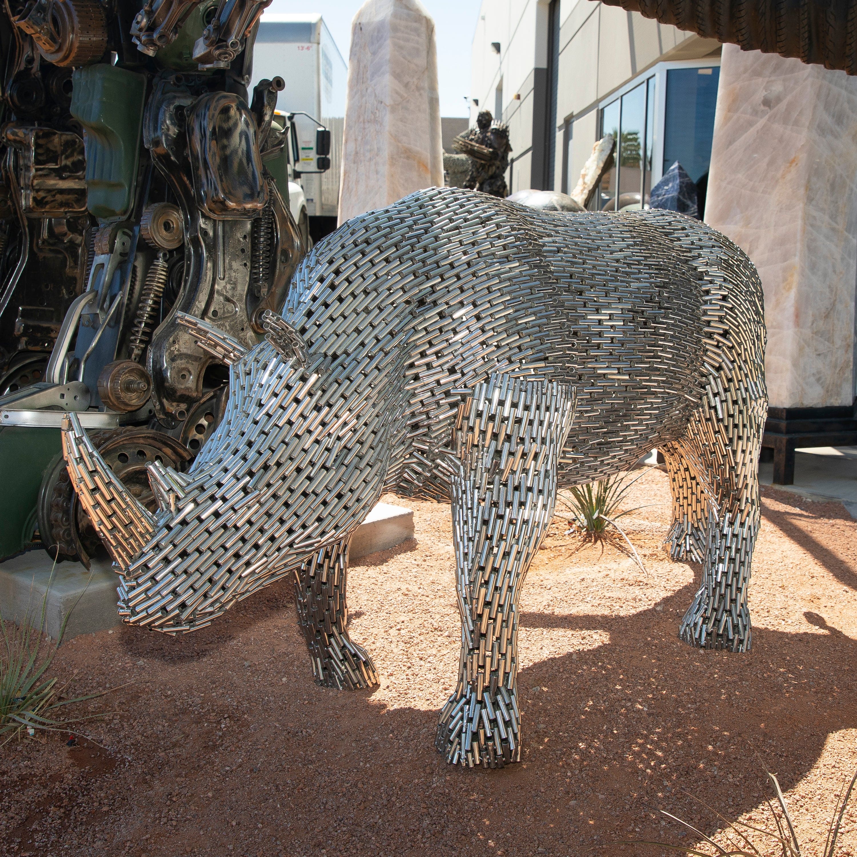 Kalifano Recycled Metal Art Stainless Steel Pipe Walking Rhino SSS-R216